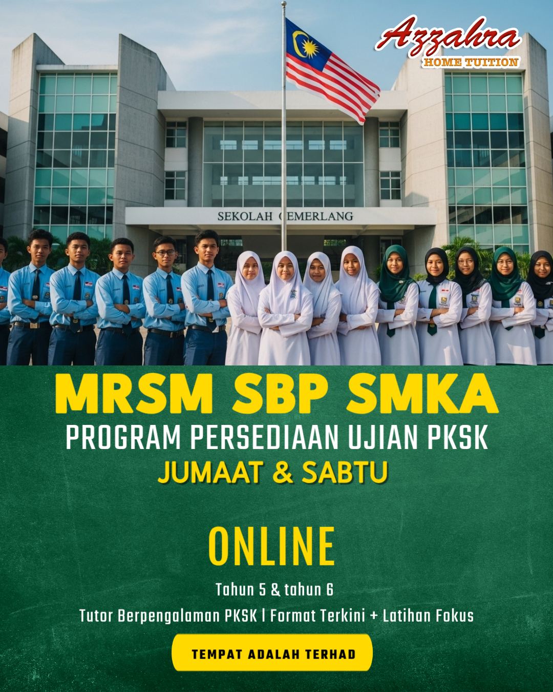 Azzahra Home Tuition HQ Facebook ad: Bantu anak bina keyakinan sebelum peperiksaan sebenar.