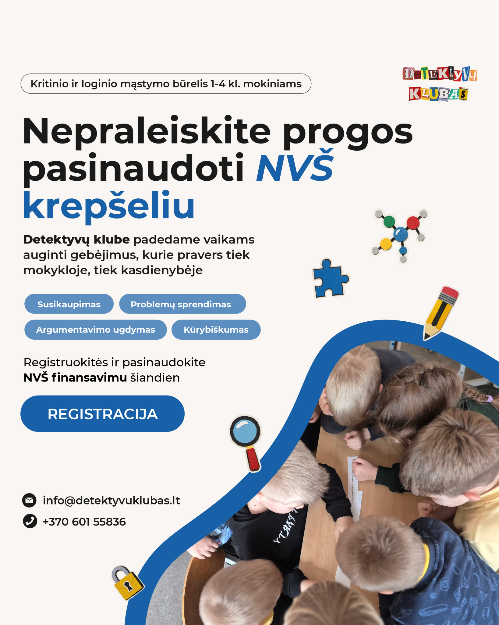 Detektyvų klubas Facebook ad: Būrelis smalsiems 1-4 klasių vaikams