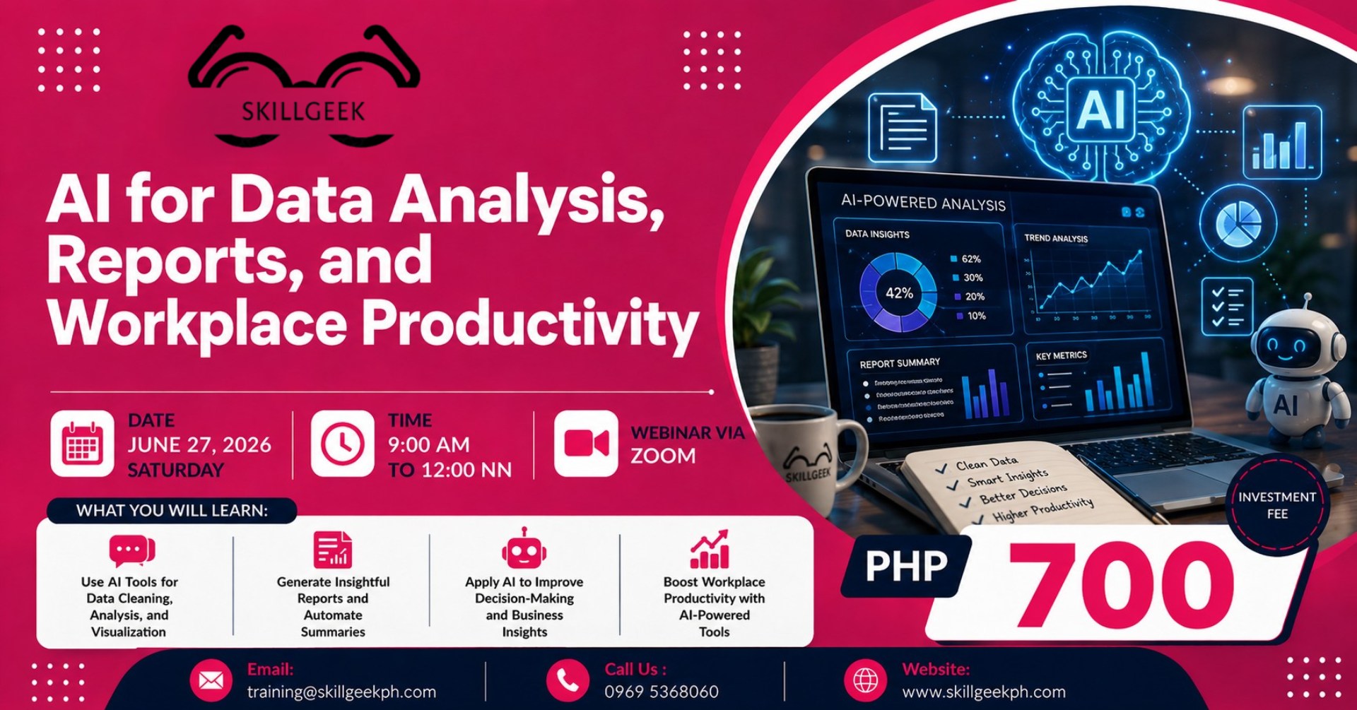 SkillGeek Facebook ad: AI for Data Analysis, Reports, and Workplace Productivity