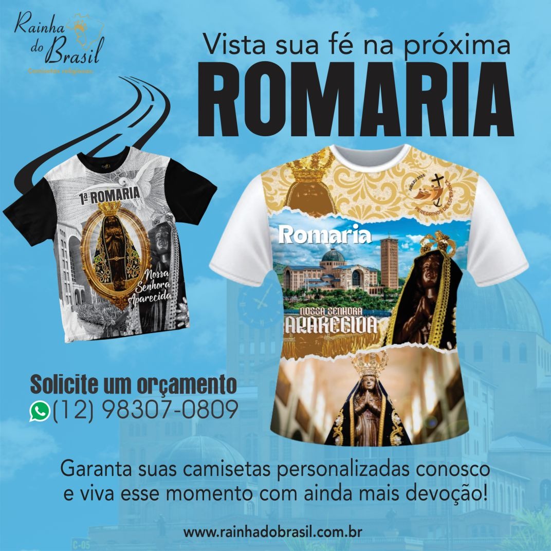 Rainha do Brasil Facebook ad: Camisetas de Romaria Exclusivas - Nossa Senhora Aparecida