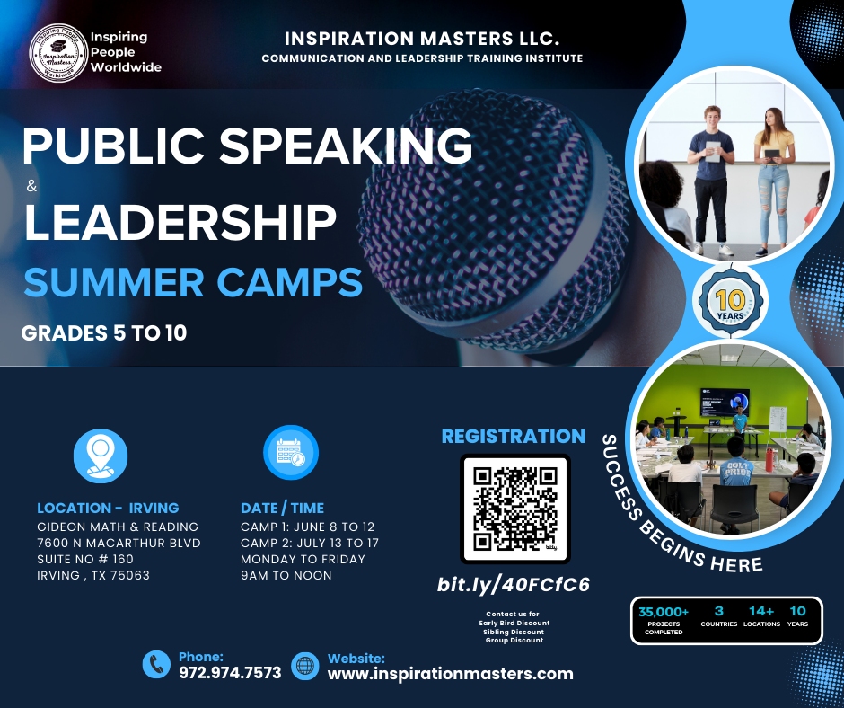 Inspiration Masters LLC Facebook ad: Public Speaking and Leadership Summer Camps in Irving…