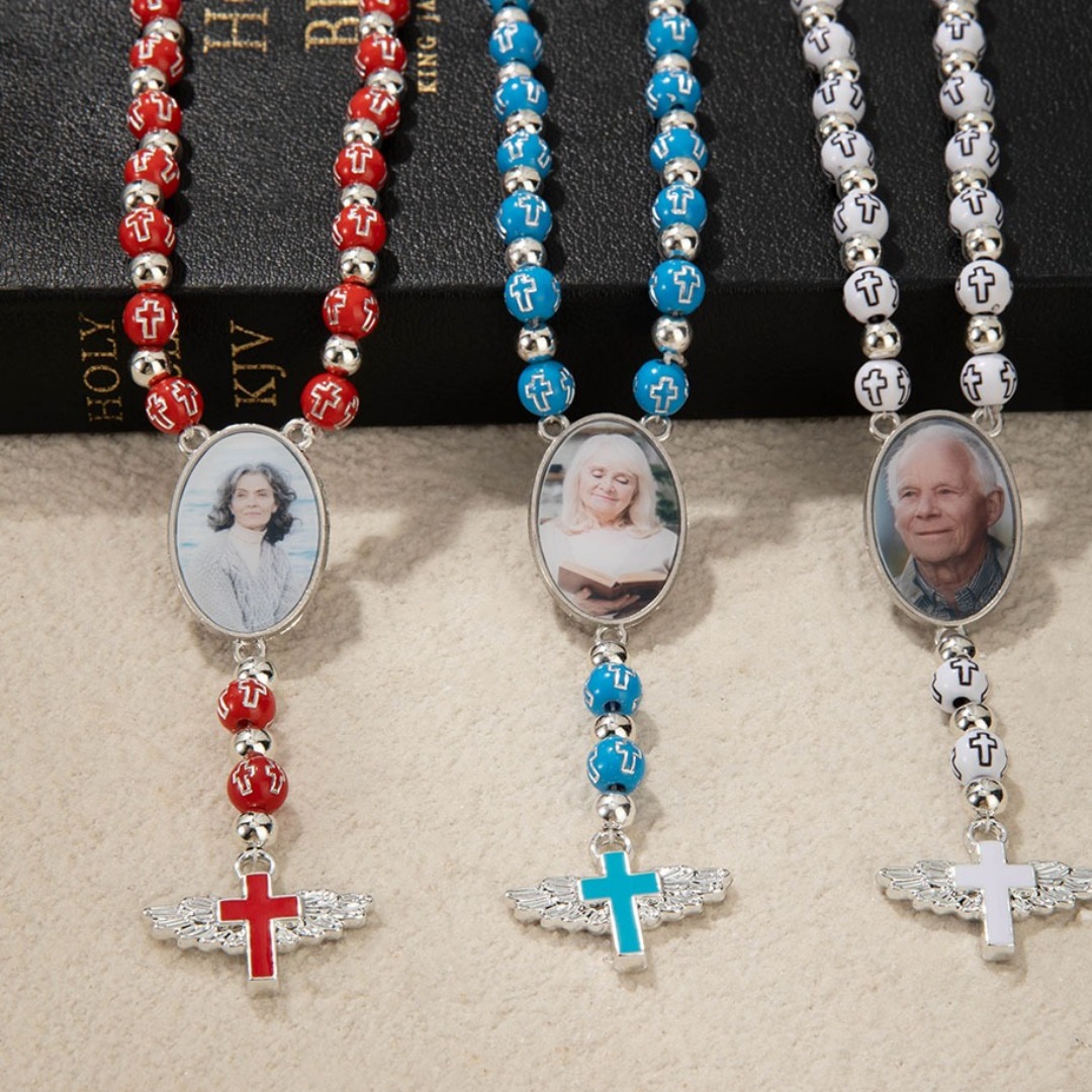 Callie Gifts Facebook ad: Personalized Photo Cross Beaded Necklace with Angel Wings…