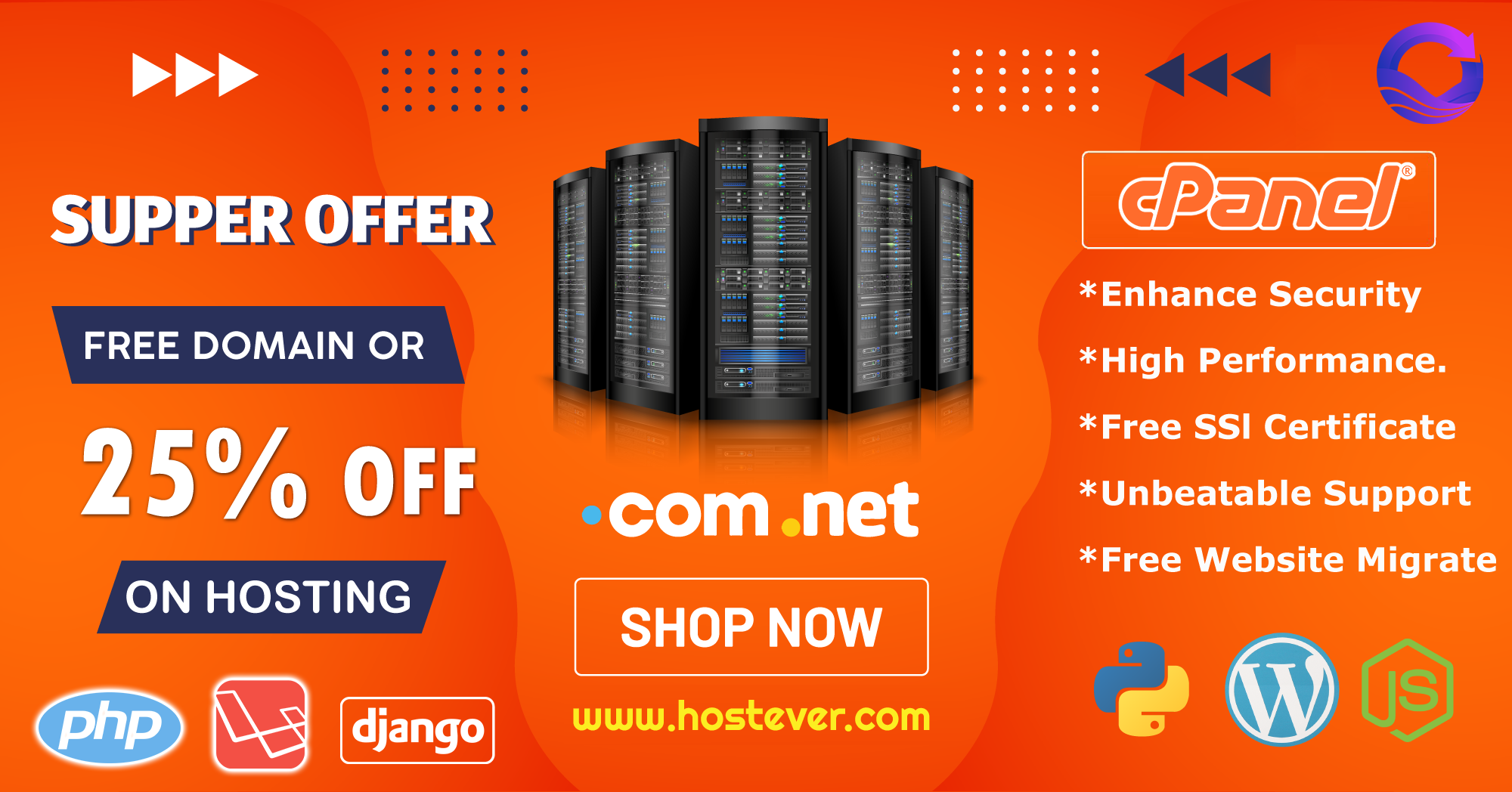 Hostever Facebook ad: FREE DOMAIN or 25% OFF