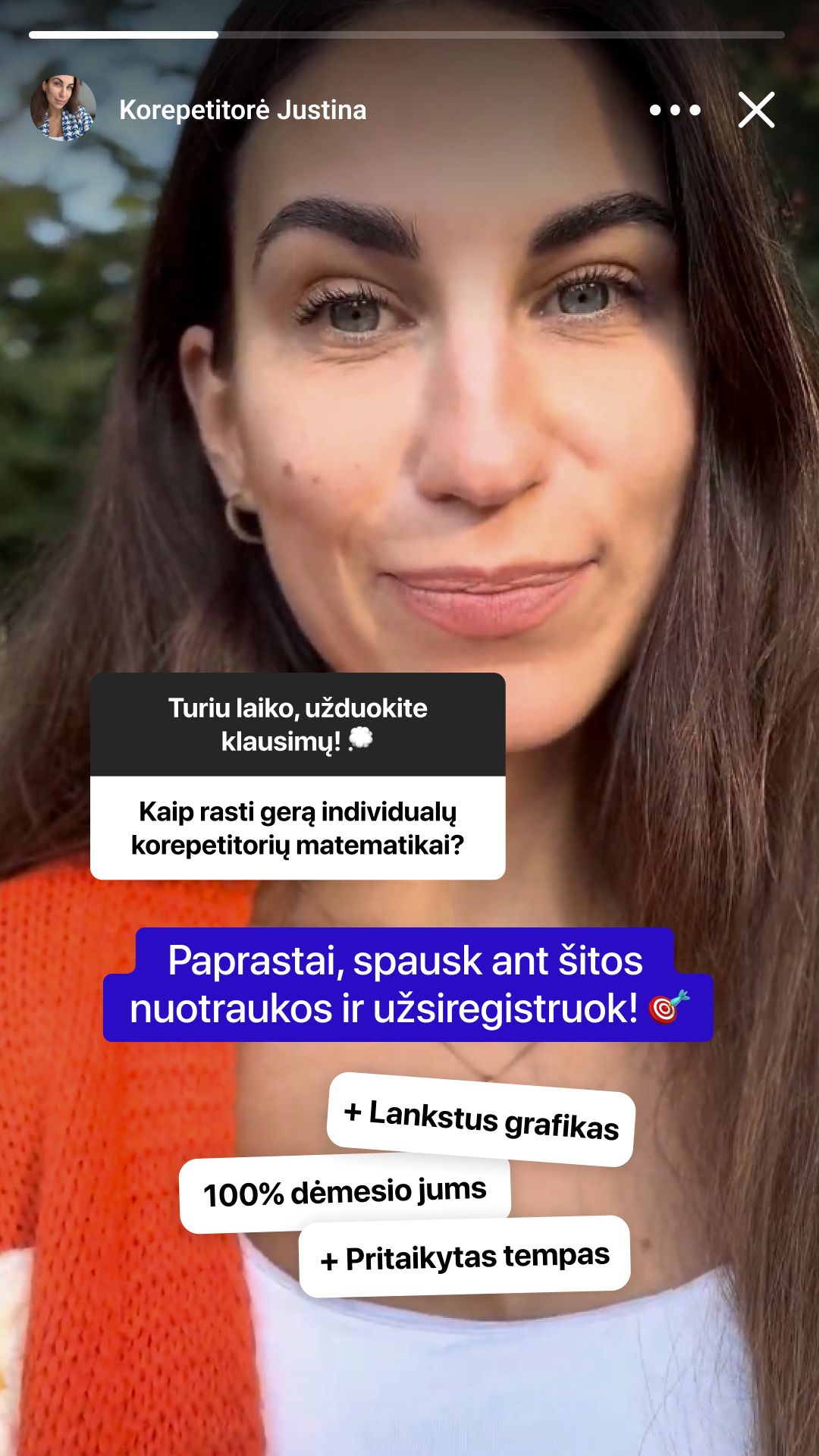 Matematikos Korepetitorė Justina Facebook ad: Išankstinė registracija