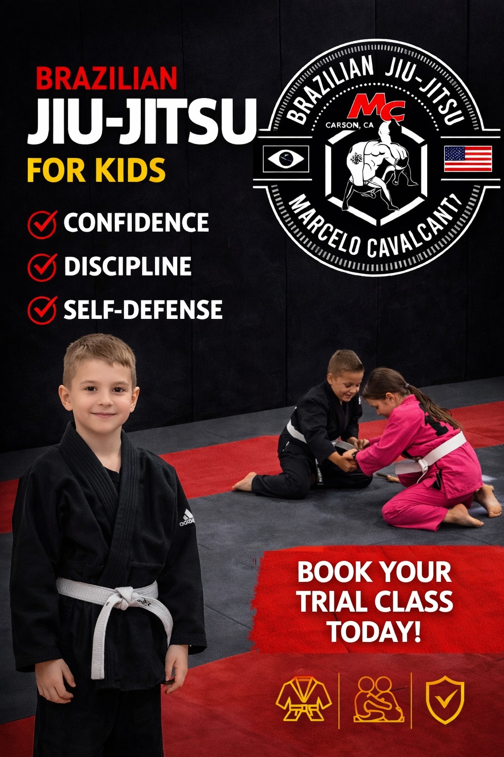 Marcelo Cavalcanti Brazilian Jiu Jitsu Academy Facebook ad: Book Your Kids Trial Class Now