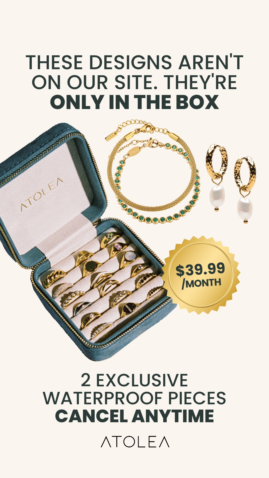 Atolea Jewelry Facebook ad: Stop Guessing. Start Receiving Waterproof Jewelry Every…