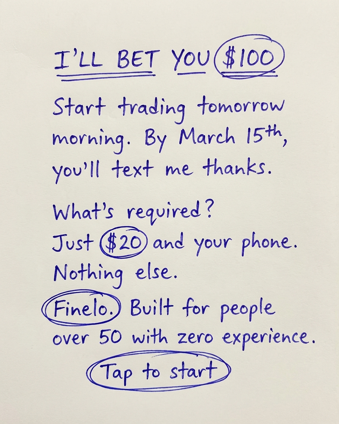 Finelo Facebook ad: Start Now!