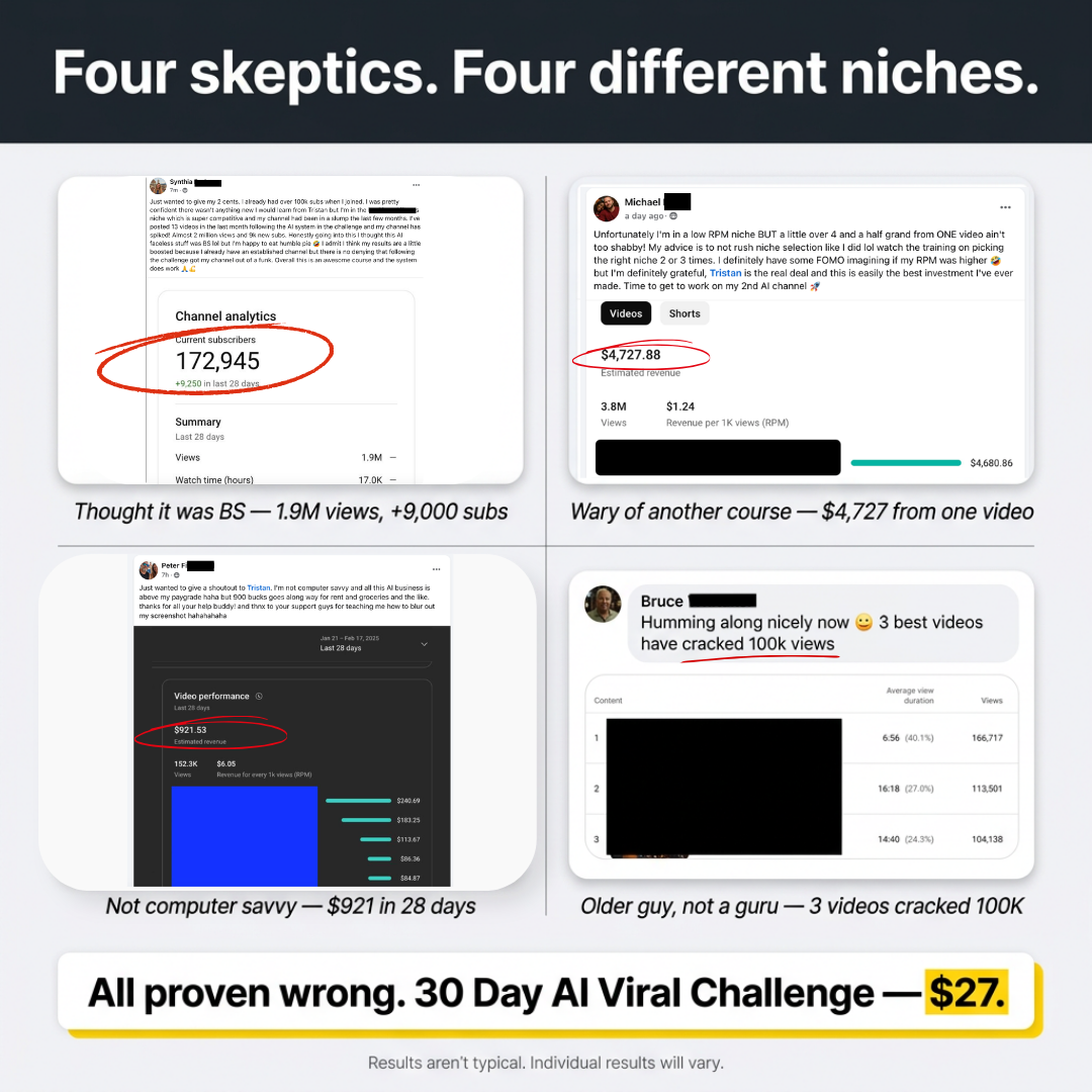 The 30 Day AI Viral Challenge Facebook ad: Four Skeptics. Four Different Niches. All Proven Wrong.