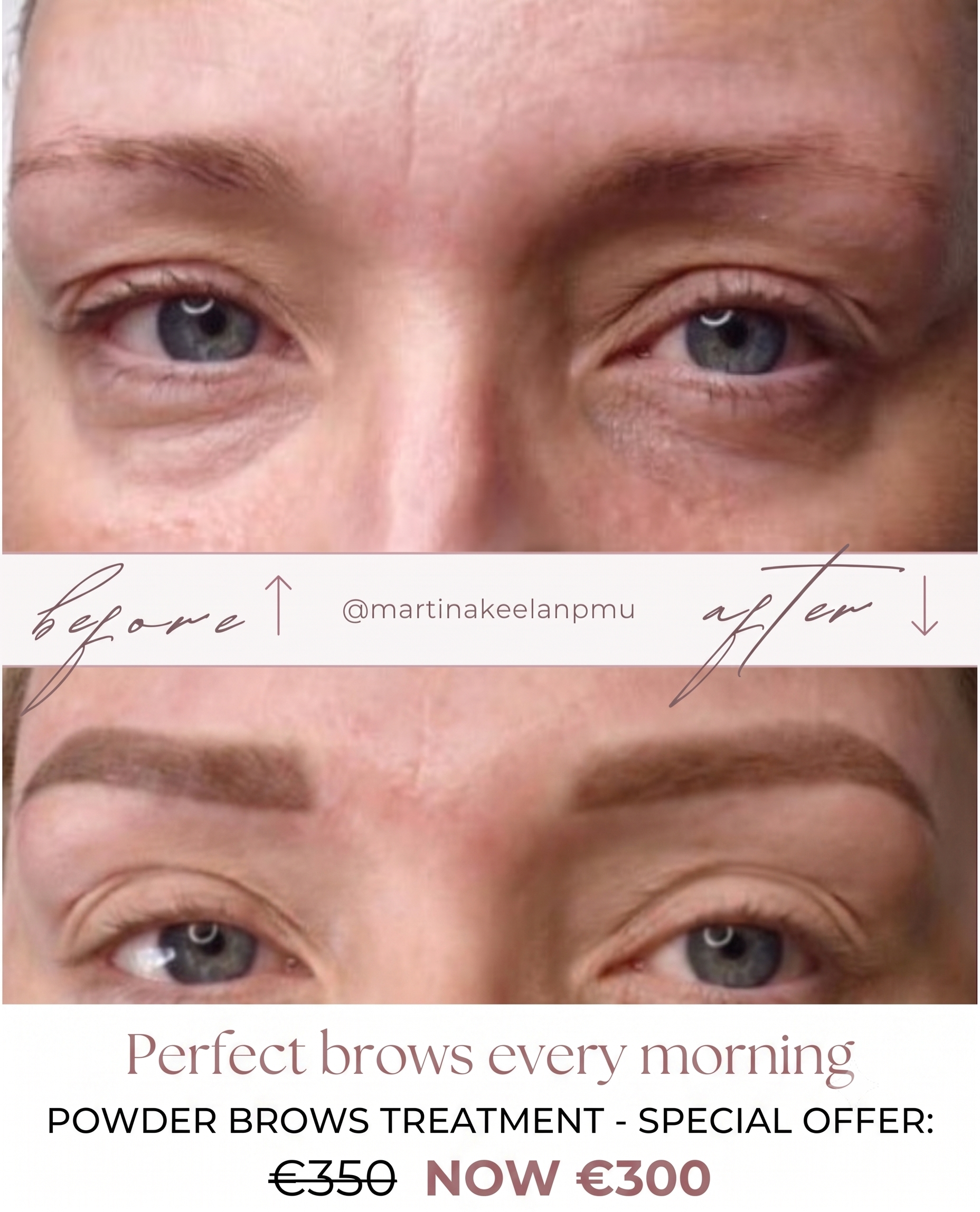 Martina Keelan PMU Facebook ad: Powder Brows was 350e now 300,