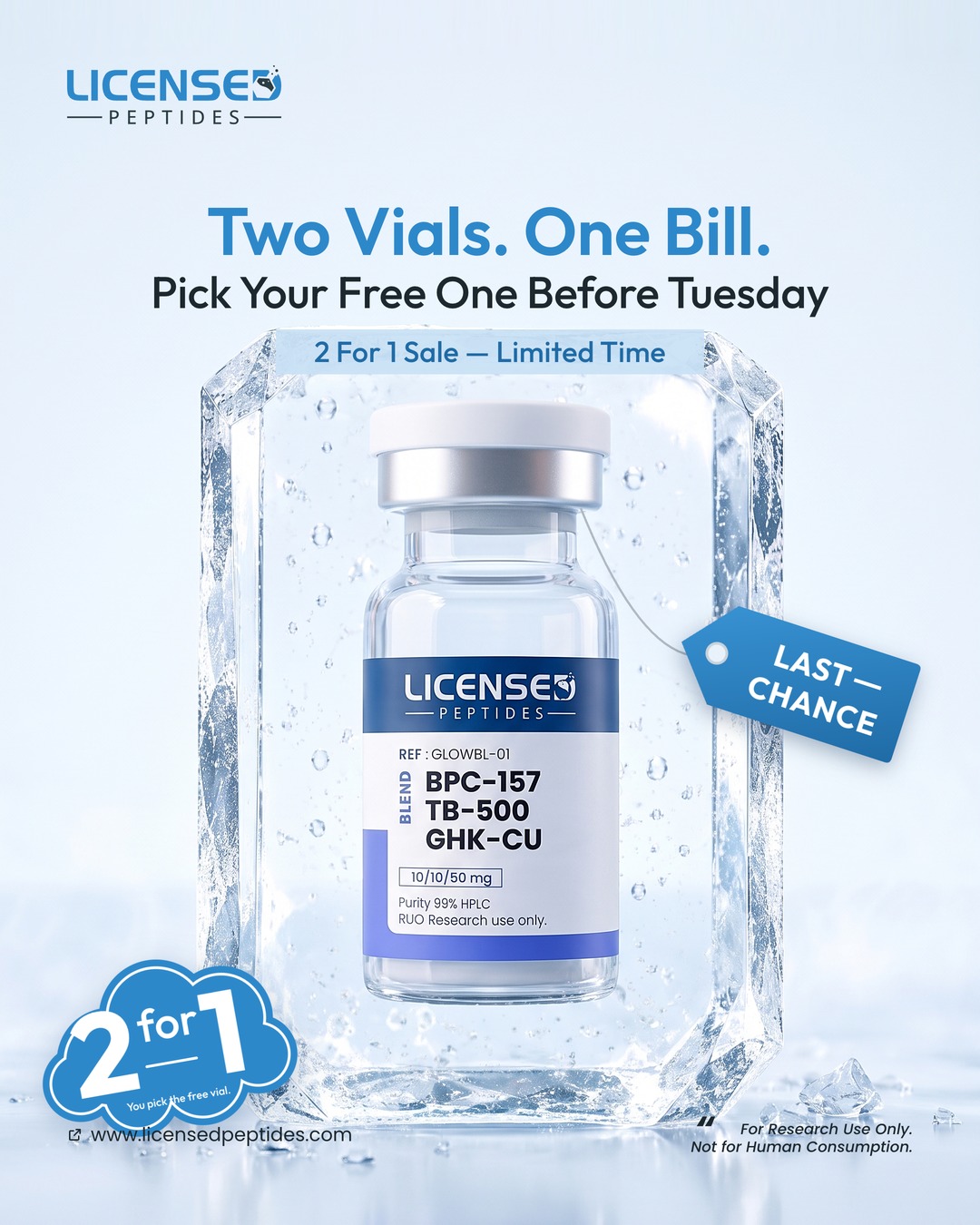 LicensedPeptides.com Facebook ad: 2 FOR 1, PICK ANY VIAL FREE