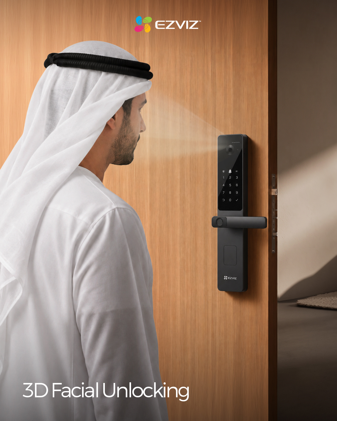 EZVIZ MENA Facebook ad: Smart handle lock with advanced 3D face recognition.