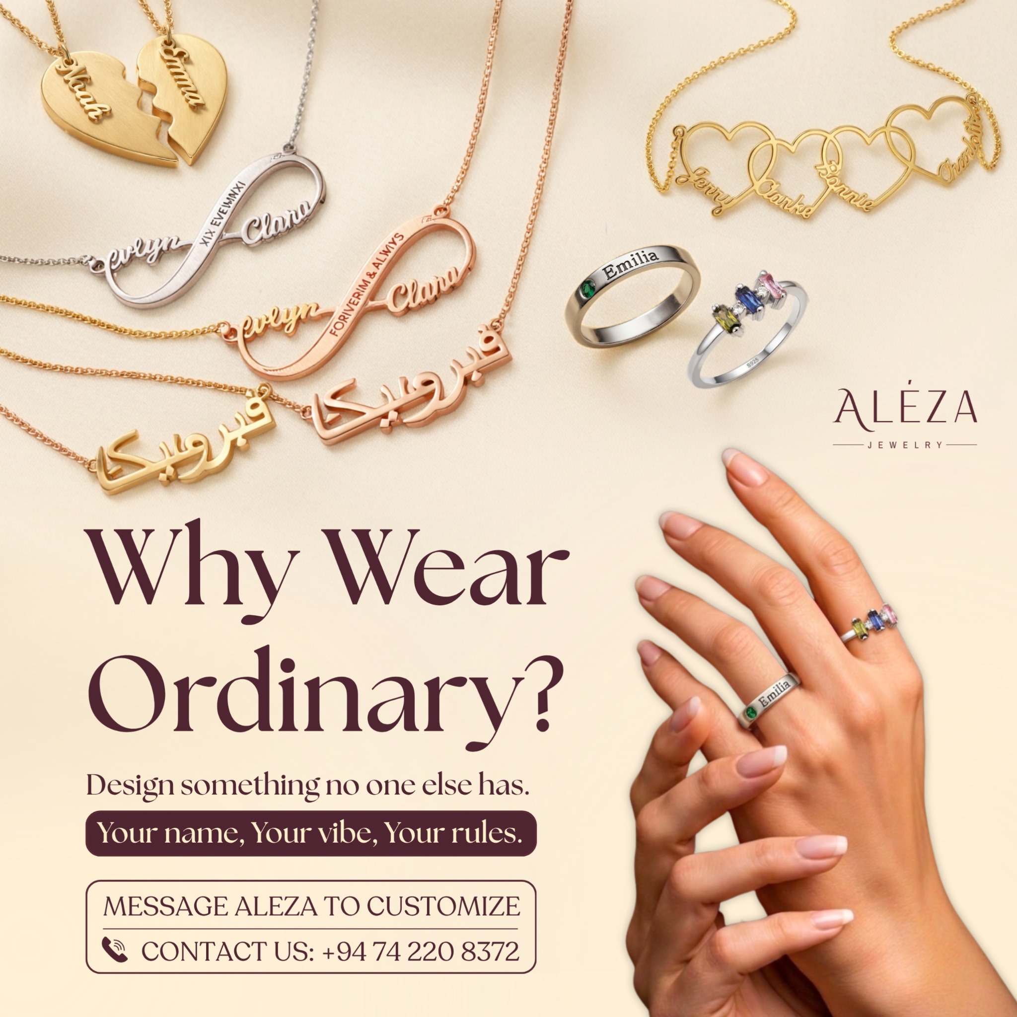 Aléza Jewelry Facebook ad: Why Wear Ordinary When You Can Wear You?