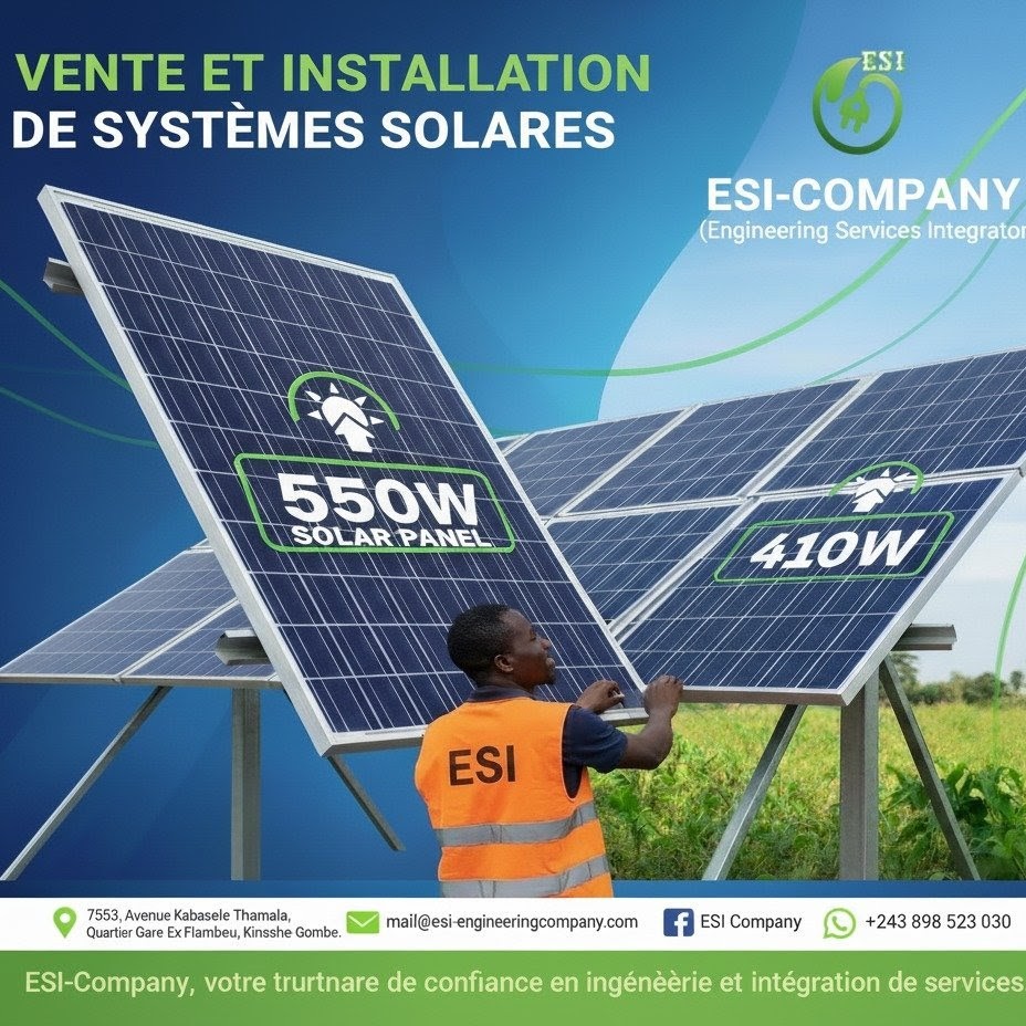 Esi Company Sarl Facebook ad: Panneaux solaires JINKO originaux, Stock à Kinshasa