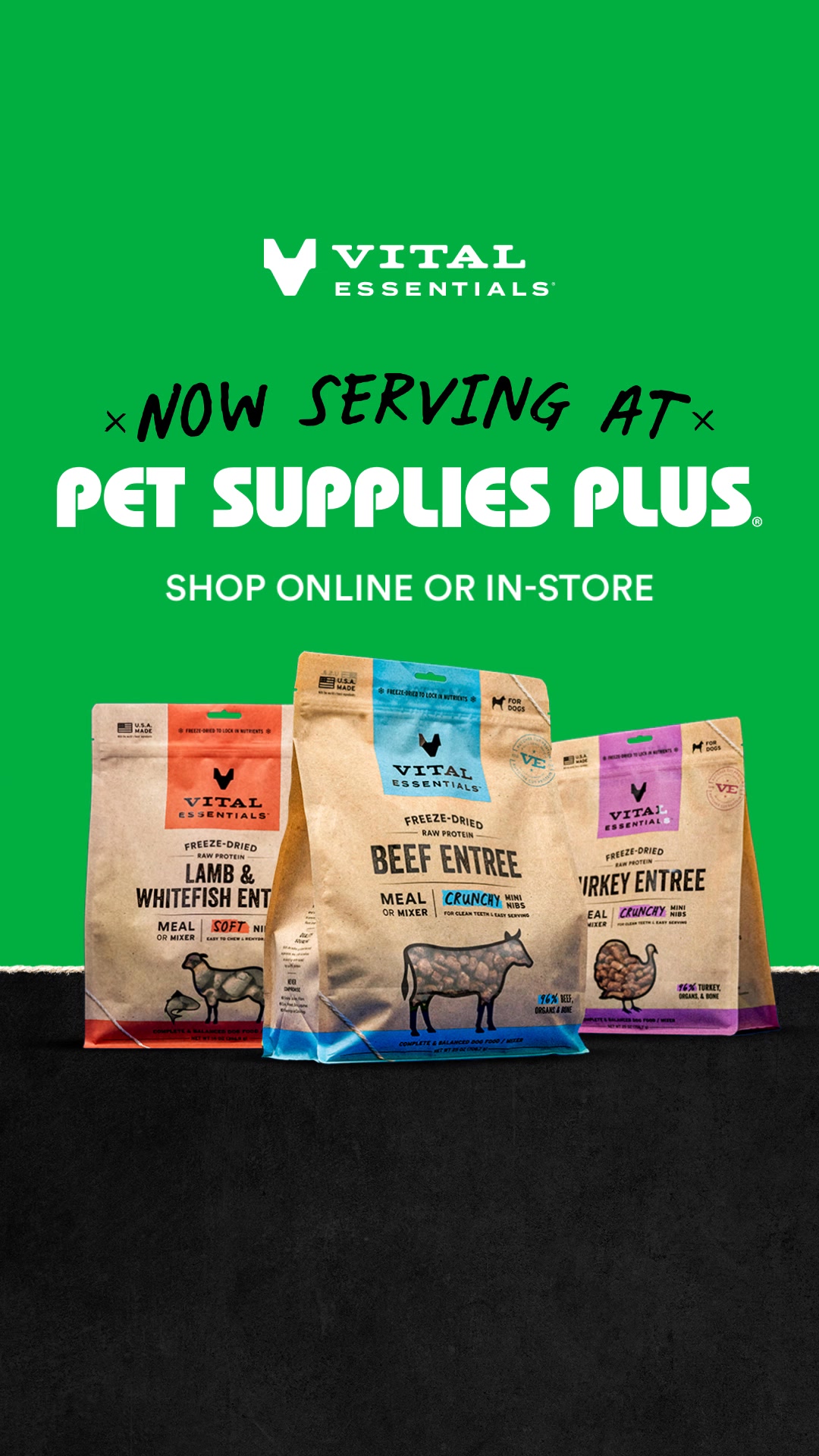 Vital Essentials Facebook ad: Now at Pet Supplies Plus