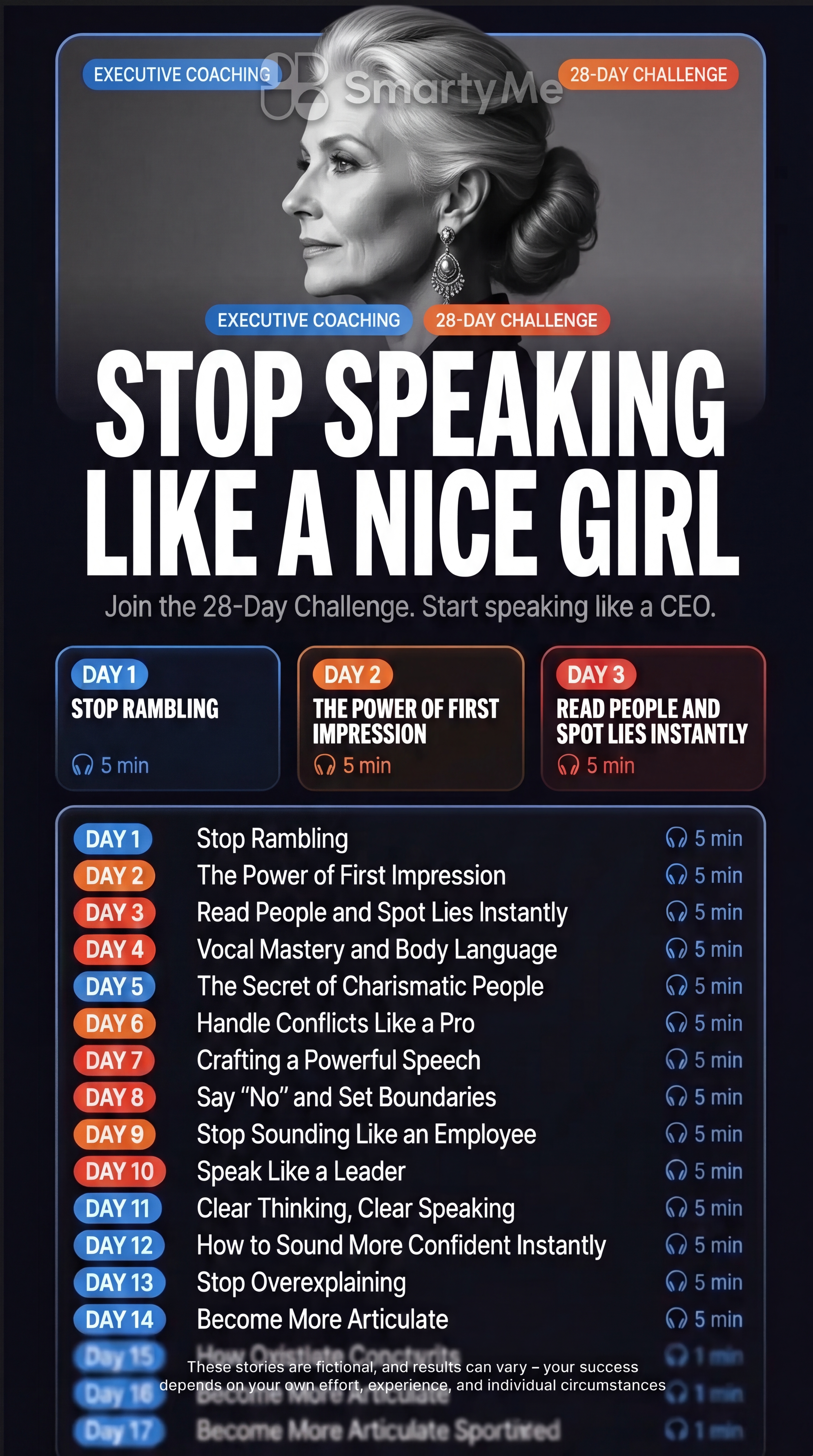 SmartyMe: High-Value Women Speak Facebook ad: Lead with words. Inspire with presence.