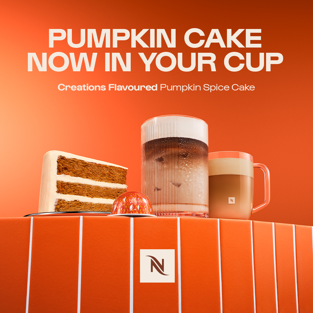 Nespresso Facebook ad: Warm spice, cold comfort. Try Pumpkin Spice Cake today.