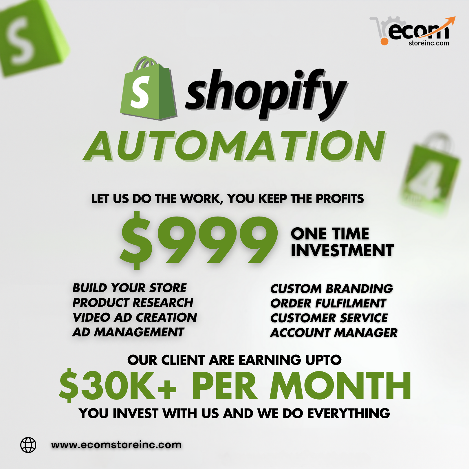 Ecom Store INC Facebook ad: Shopify Store Automation