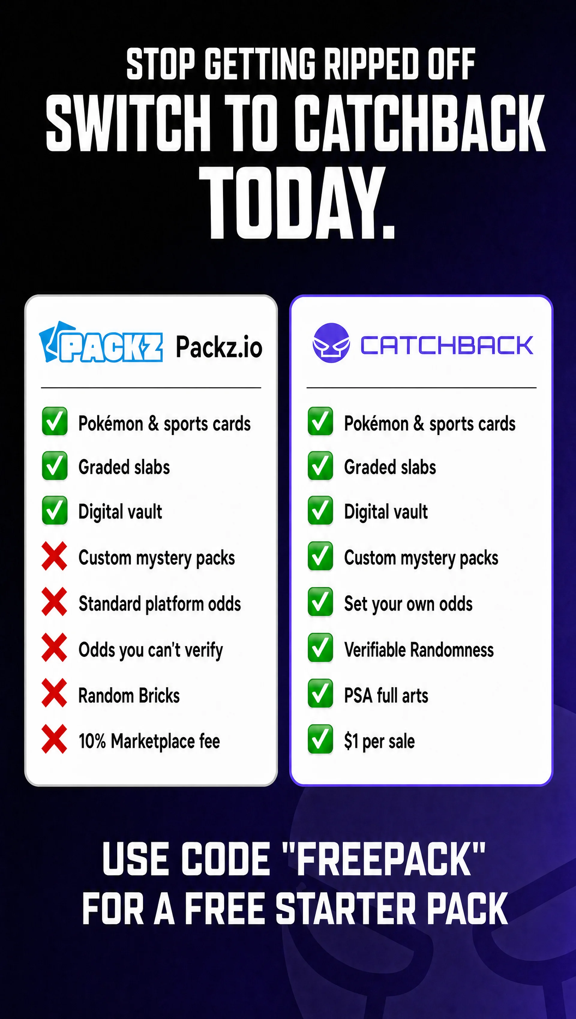 CatchBack Cards Facebook ad: Catchback Cards, rip digital packs with guaranteed buyback.