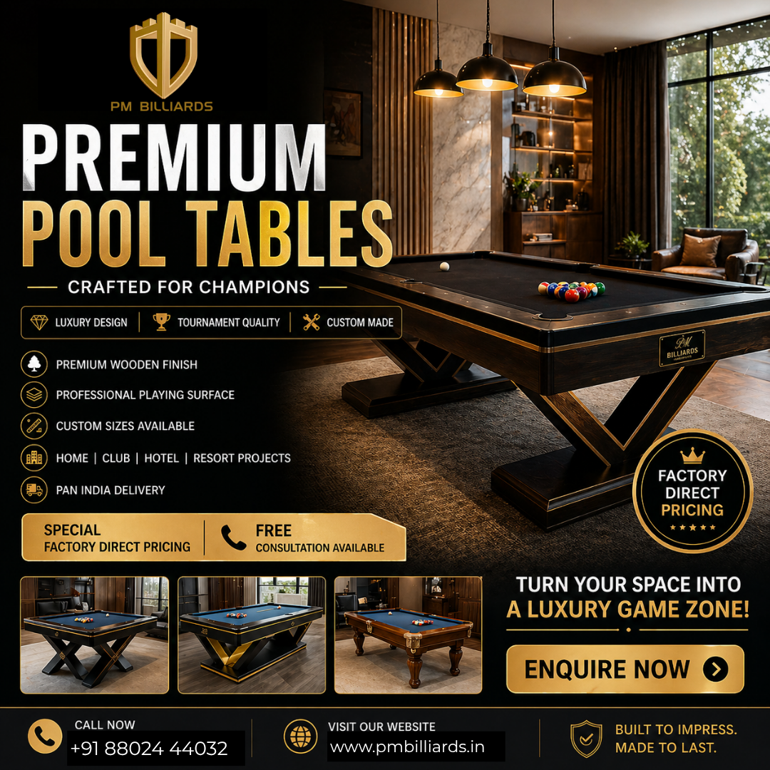 PM Billiards Facebook ad: Premium Billiards Tables with Custom Designs