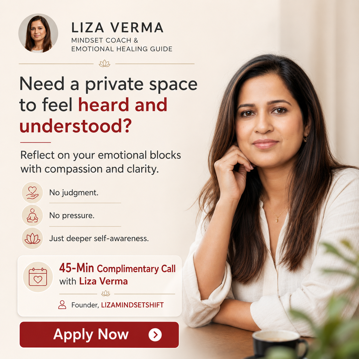 Liza Mindset Shift Academy Facebook ad: Your Healing Should Not Stay on Hold