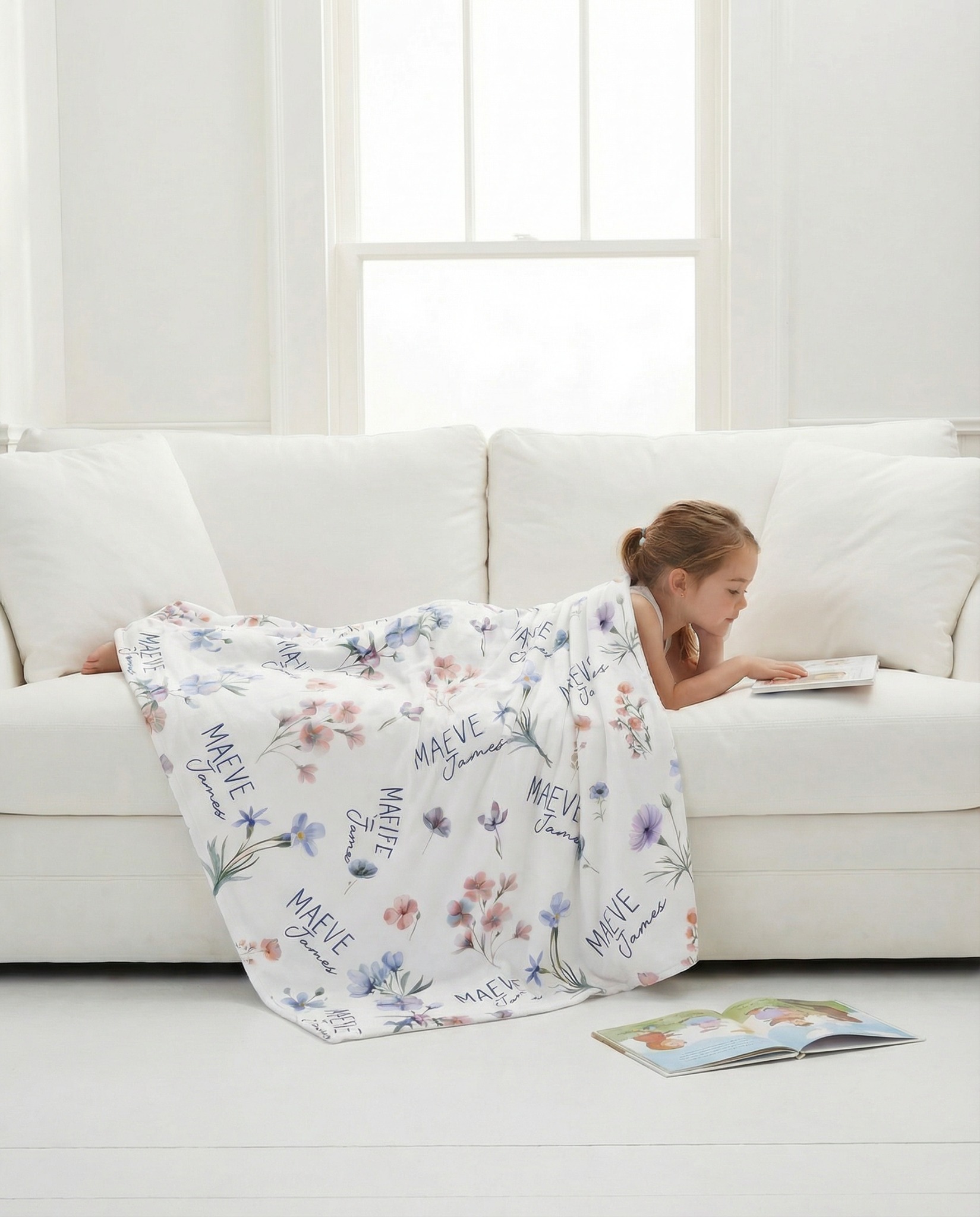 Prettybirds Facebook ad: Her Name + Wildflowers = The Blanket She Takes Everywhere