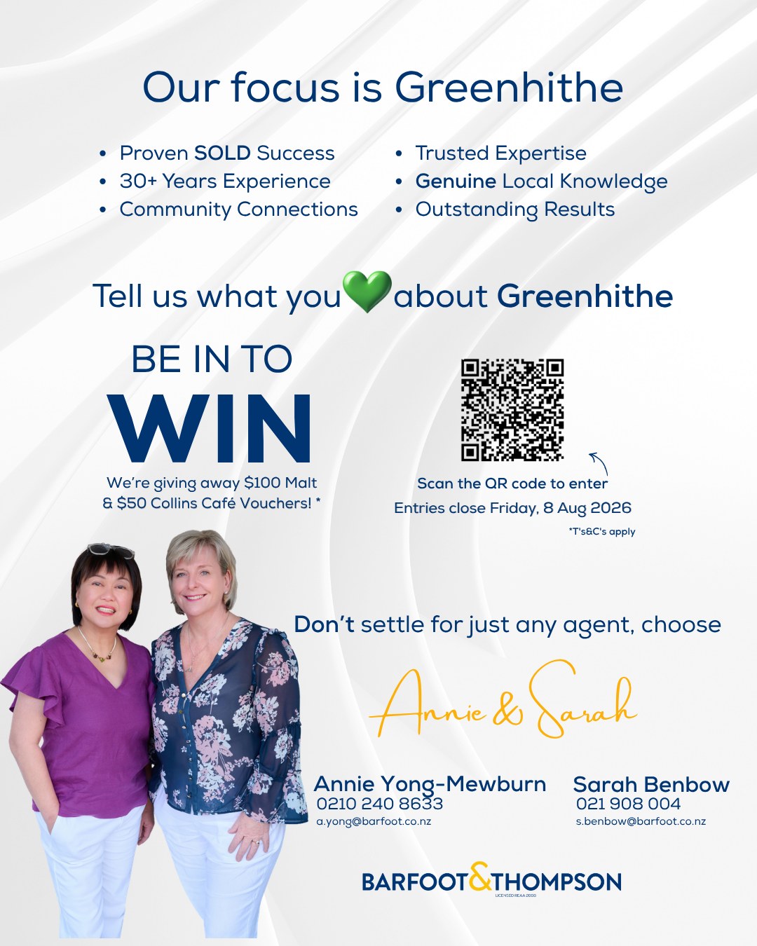 Sarah Benbow & Annie Yong-Mewburn - Barfoot & Thompson Facebook ad: Tell us what you love about Greenhithe