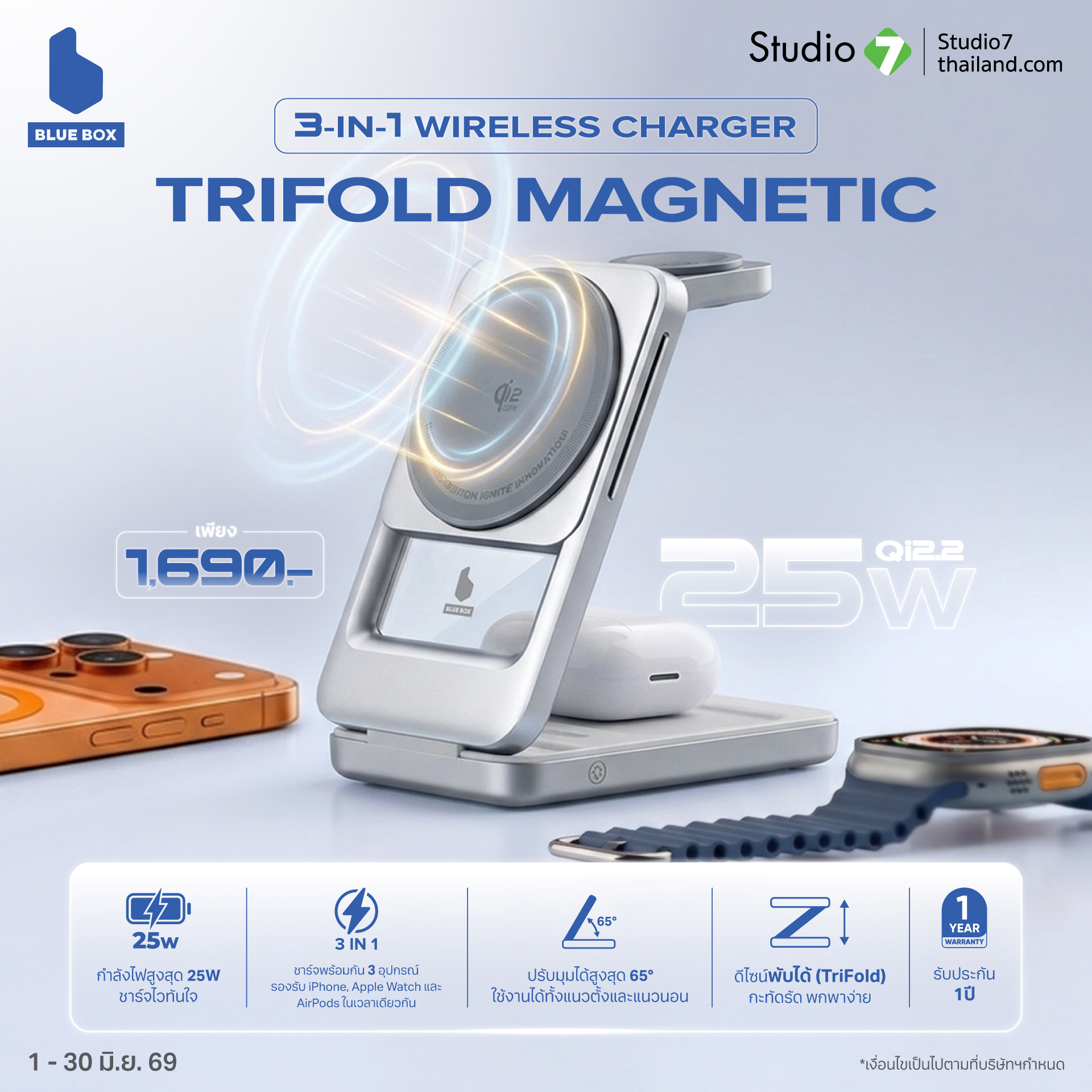 Studio 7 Facebook ad: ง่ายกว่าที่เคย! ที่ชาร์จไร้สาย BLUE BOX 3-in-1 TriFold Qi2.2