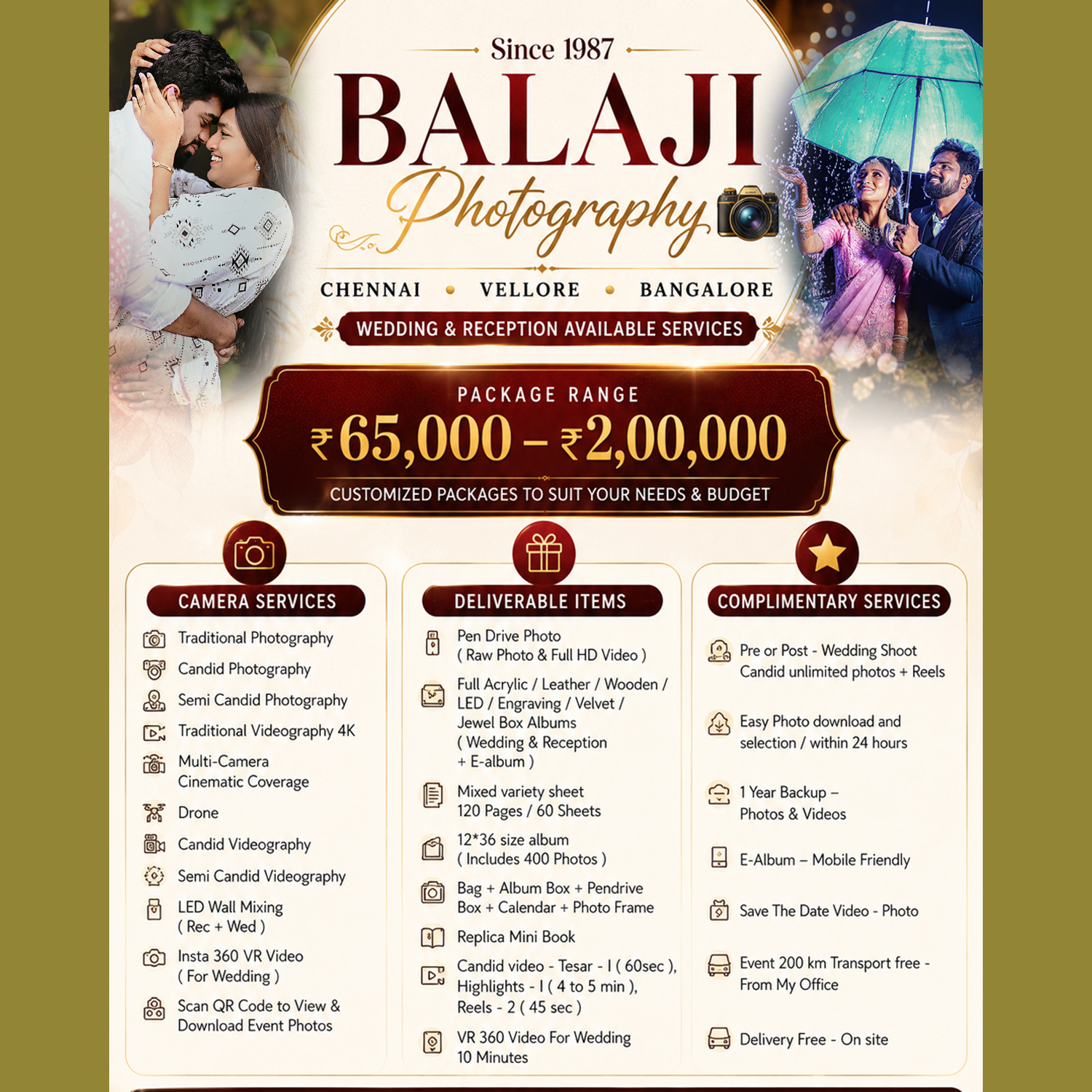 Balaji photography vellore Facebook ad: Premium Wedding Photography Since 1987.