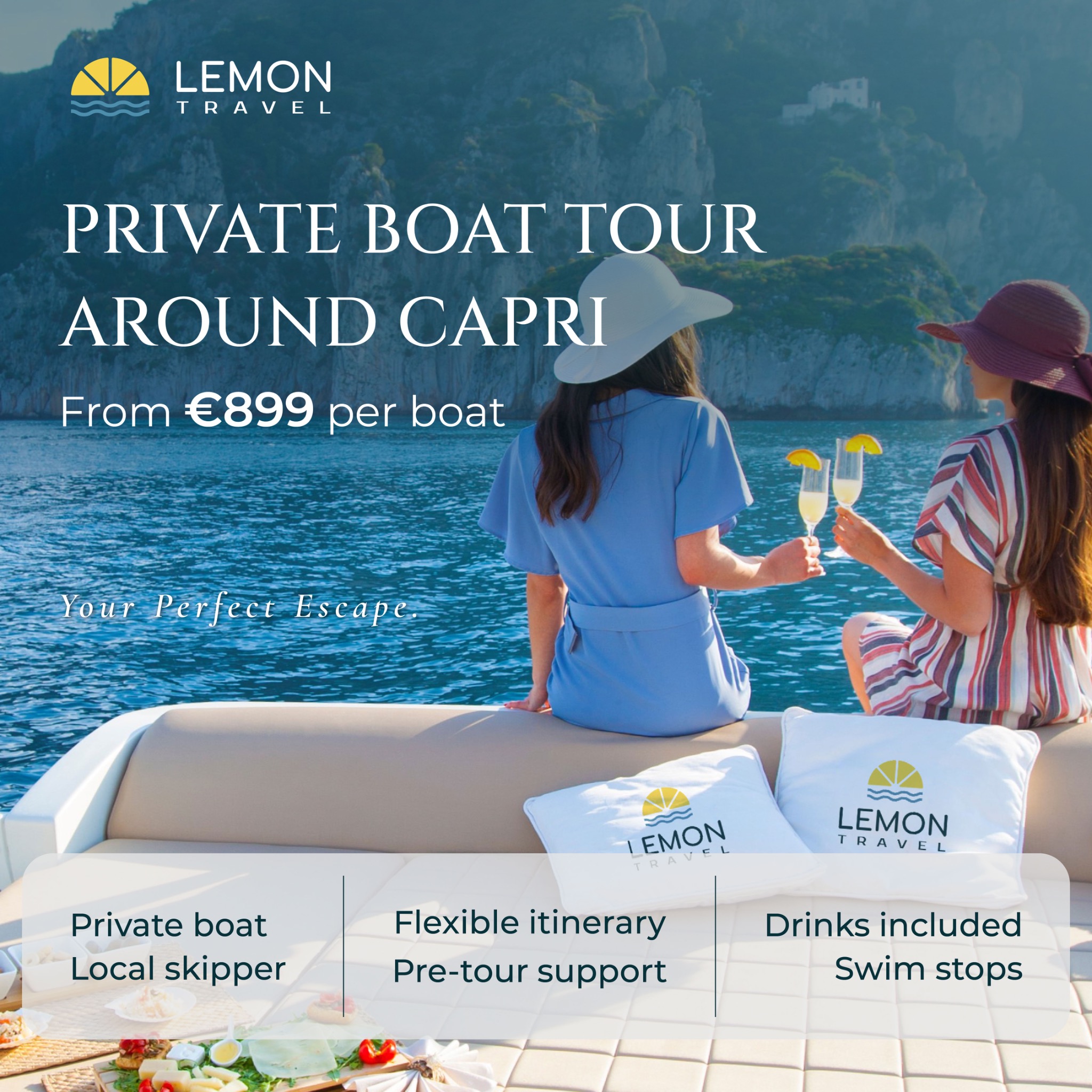 Lemon Travel Sorrento - Boat Tours Facebook ad: Private Amalfi Coast sunset cruise.