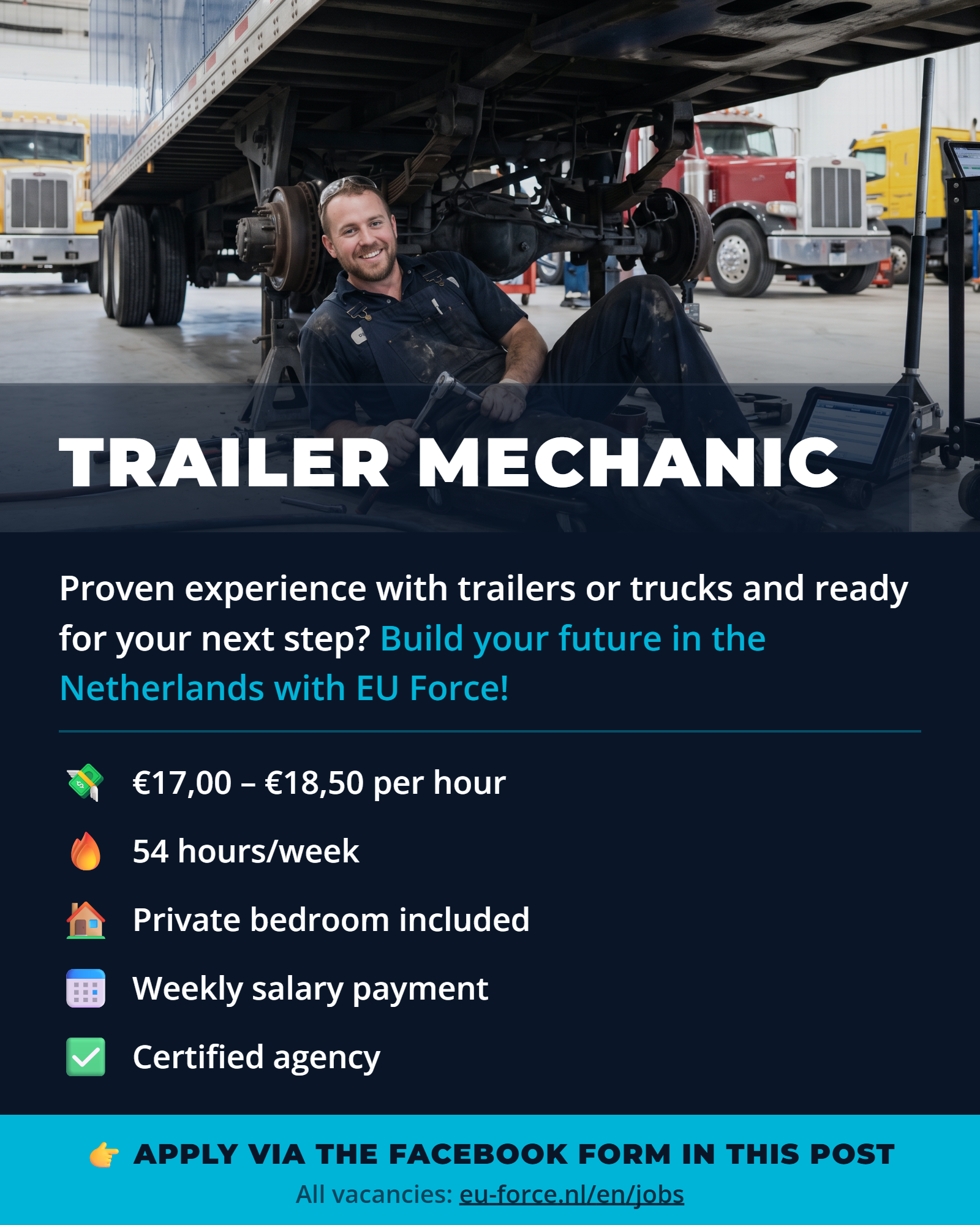 EU Force Facebook ad: Vacancy Trailer Mechanic - 54 hours per week | Netherlands