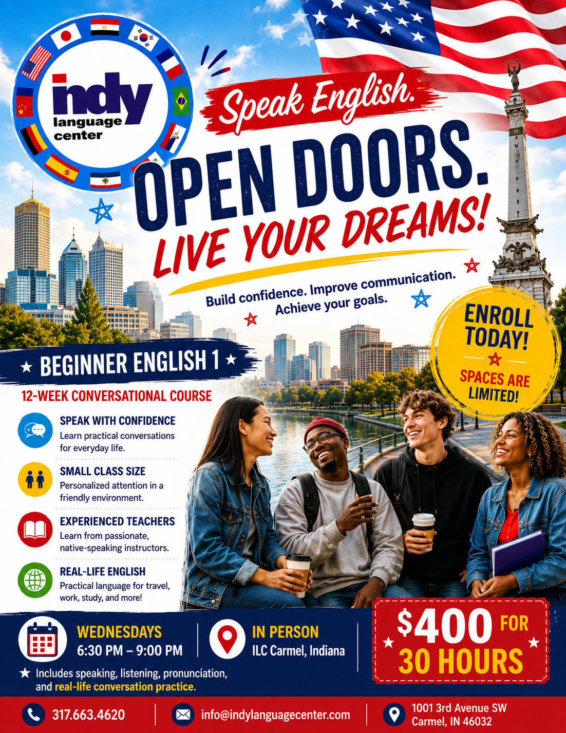 Indy Language Center Facebook ad: Speak English with Confidence