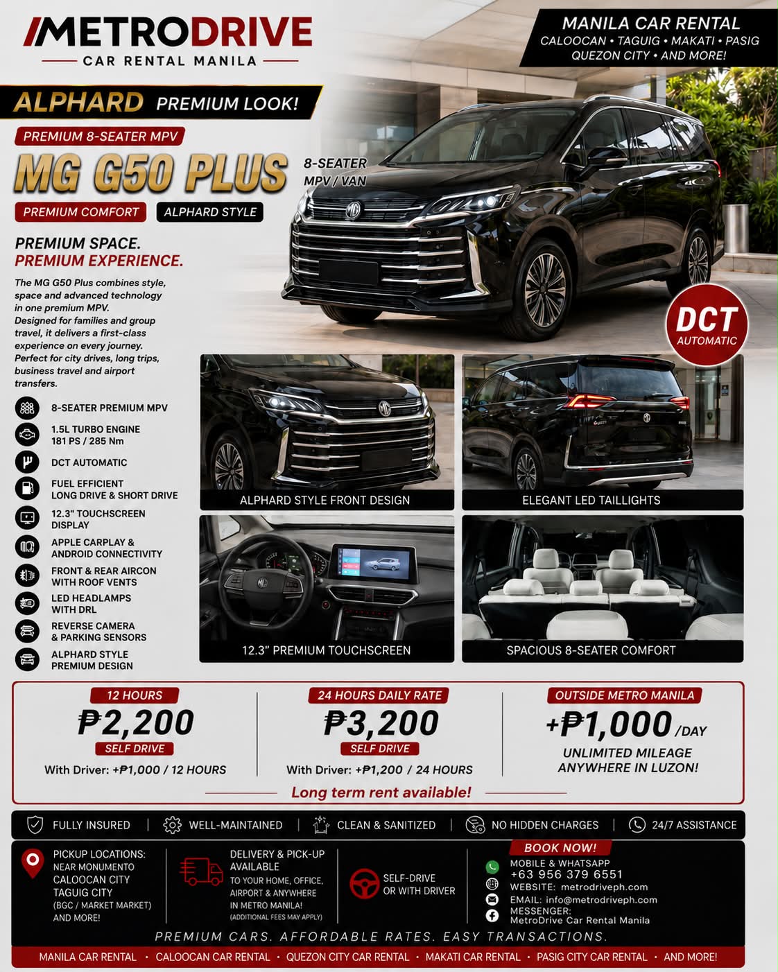 Metrodrive PH Car Rental Manila Facebook ad: MG G50 PLUS 8-SEATER FOR RENT IN MANILA…