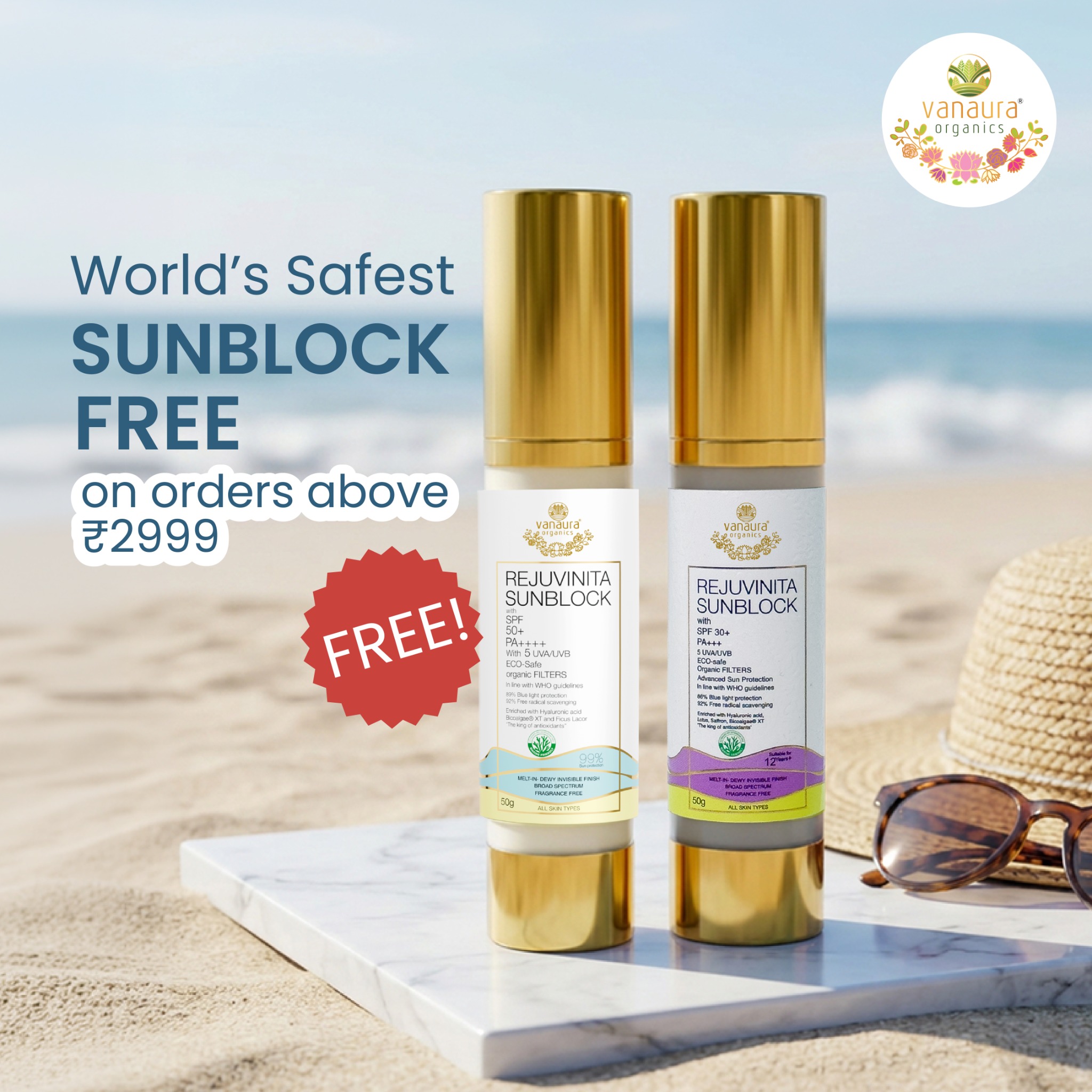 Vanaura Organics - Ayurveda Inspired Organic Skin and Hair Care Facebook ad: Glow All Summer - Sunblock FREE!