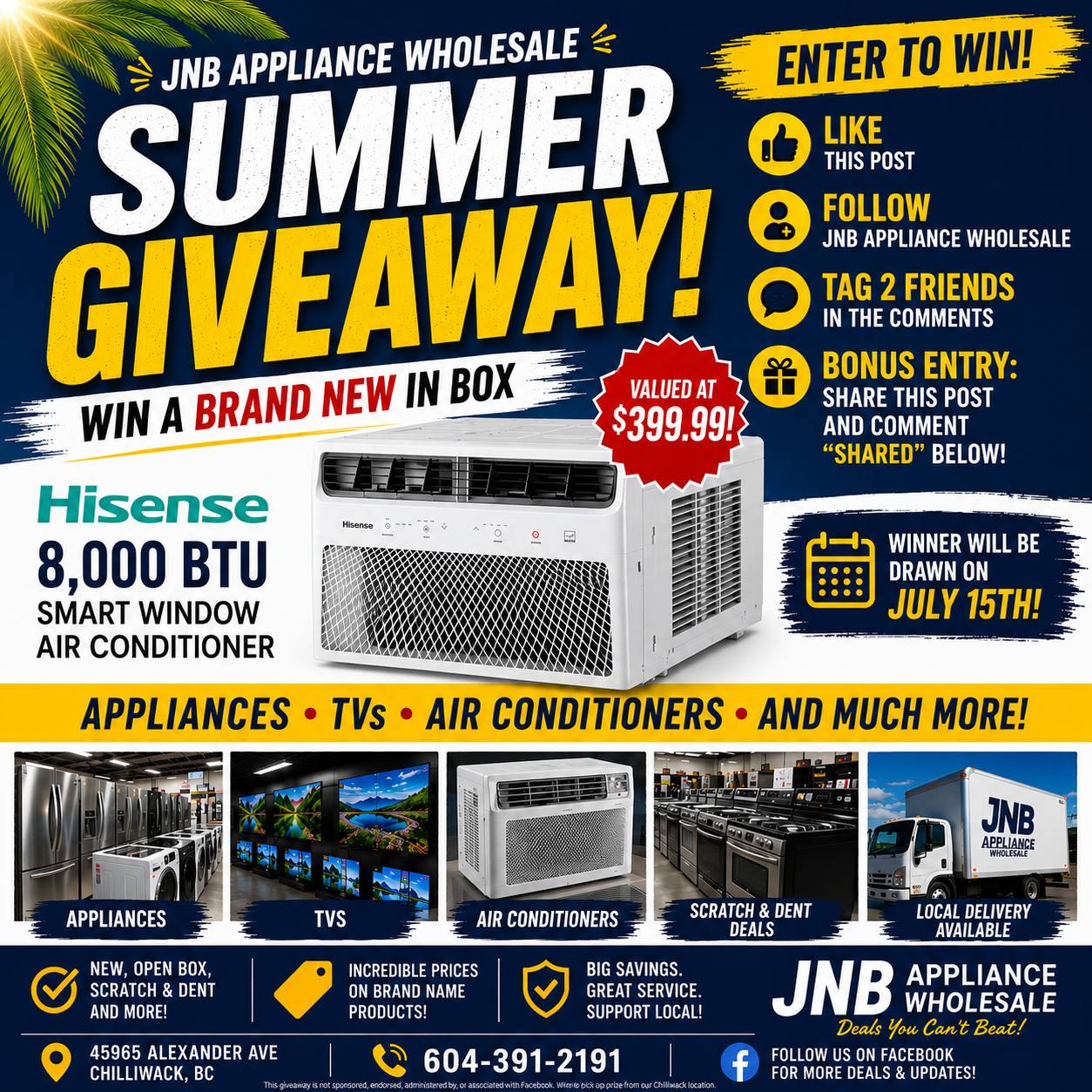 JNB Appliance Wholesale LTD. Facebook ad: JNB APPLIANCE WHOLESALE SUMMER GIVEAWAY!