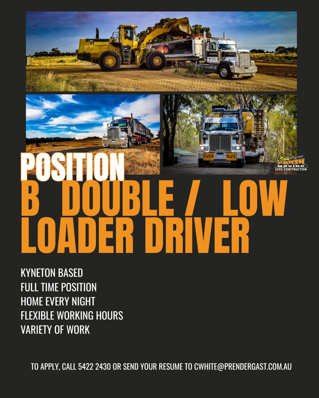 Prendergast Earthmoving Facebook ad: Seeking Low Loader / Stag B-Double driver to…