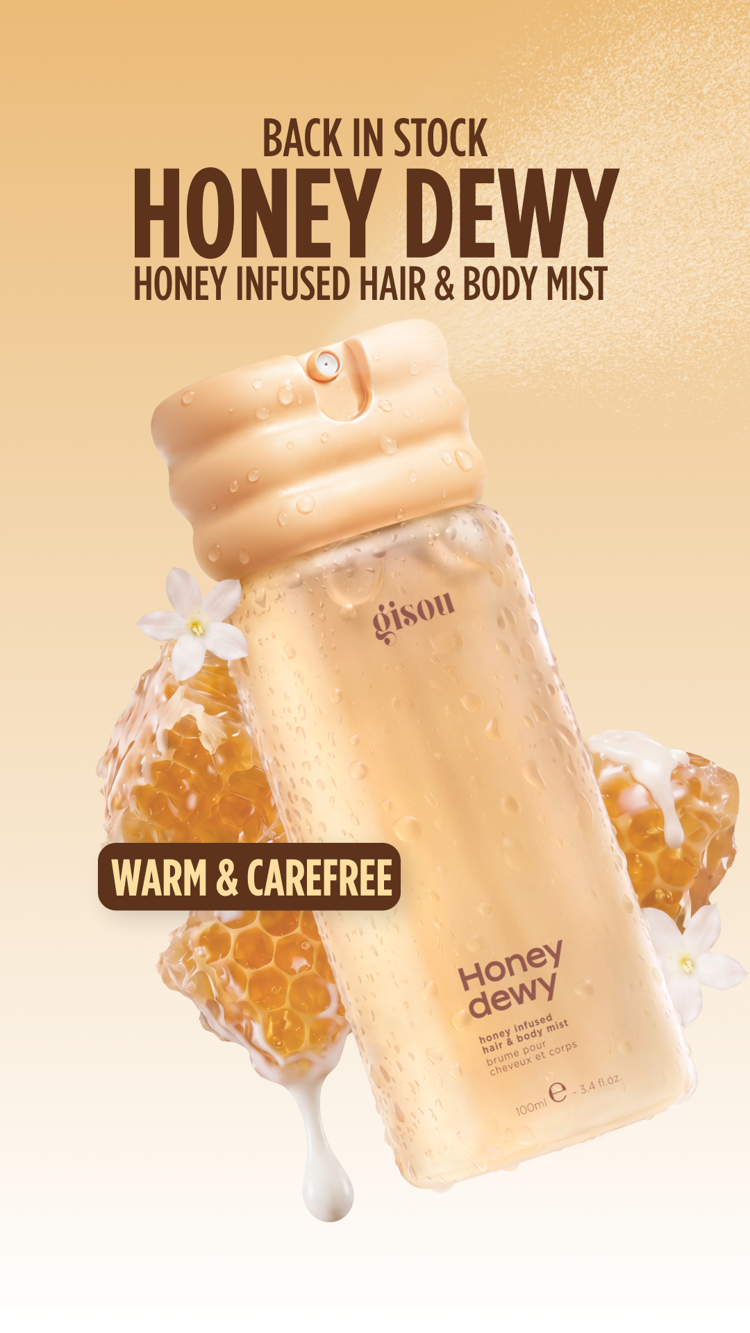 Gisou Facebook ad: BACK IN STOCK Gisou Honey Infused Hair &…