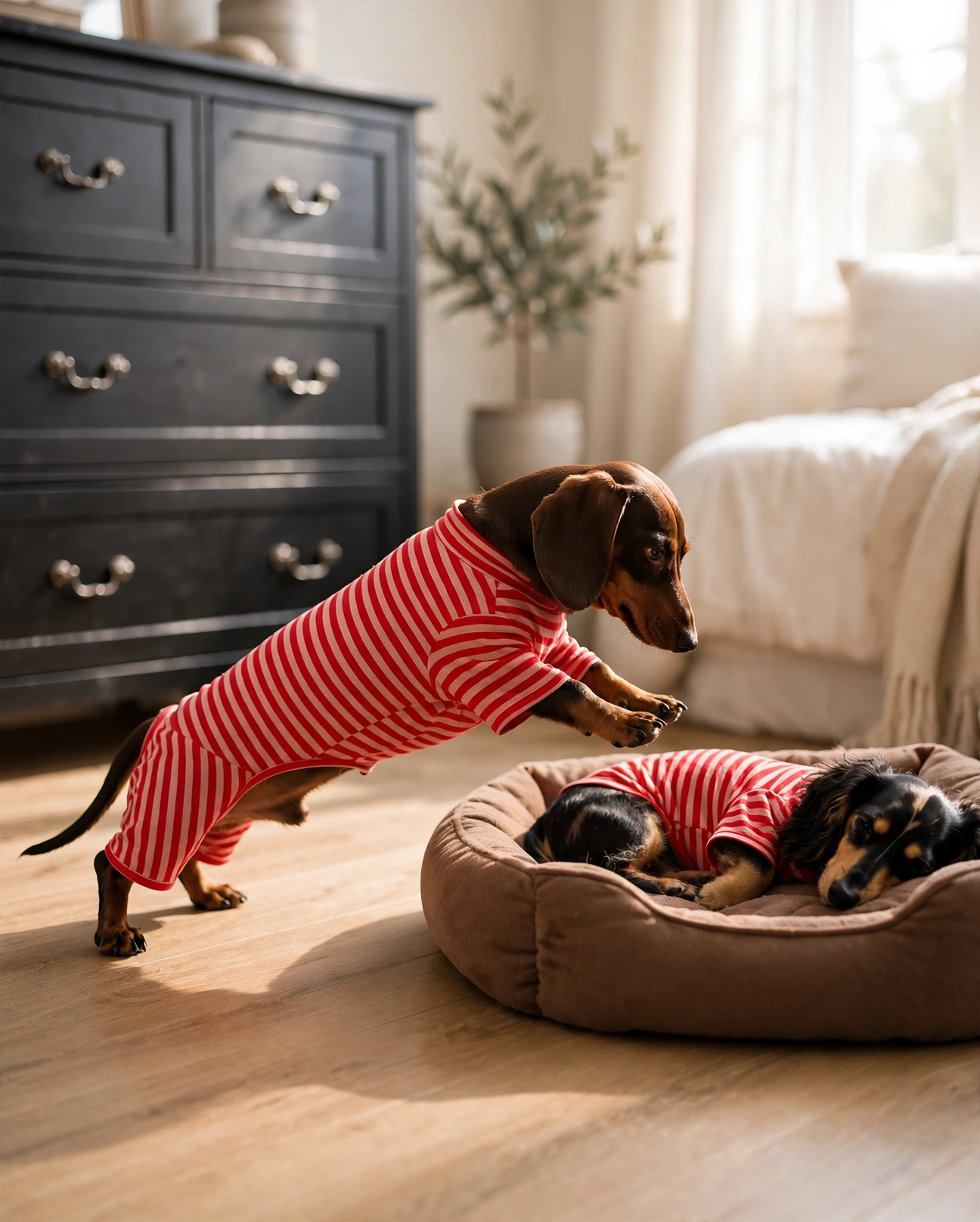 Pawllaofficial Facebook ad: Red striped onesies for dachshund