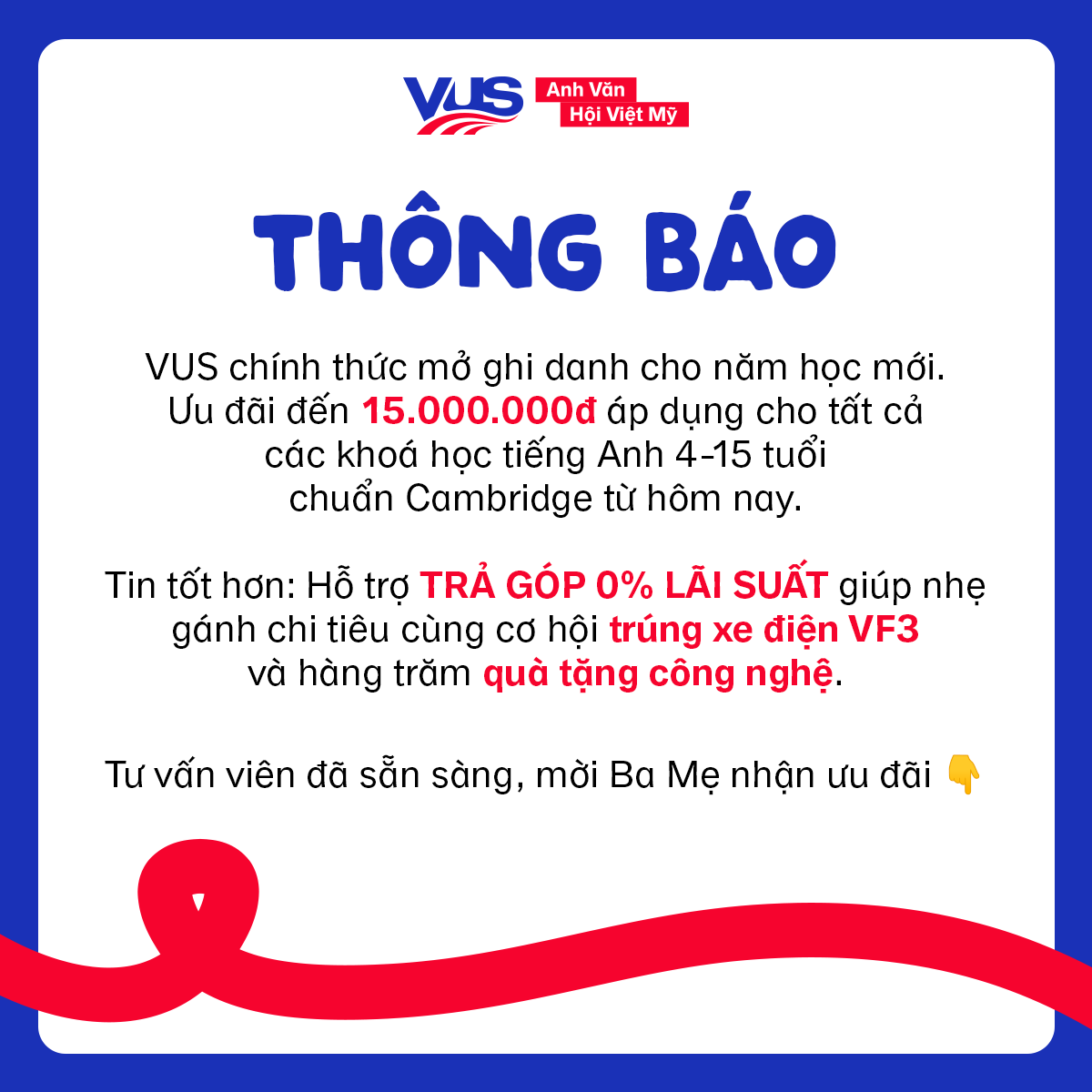 Anh văn Hội Việt Mỹ - VUS Facebook ad: Giữ suất ưu đãi tại đây