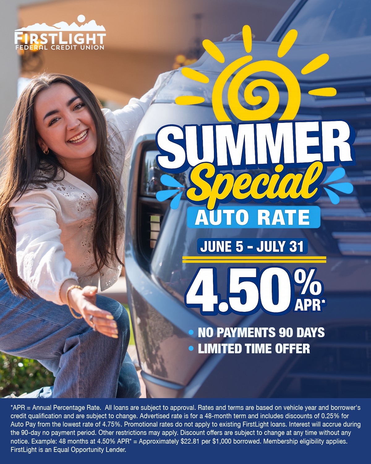 FirstLight FCU Facebook ad: Celebrate Summer with a SPECIAL auto loan offer!