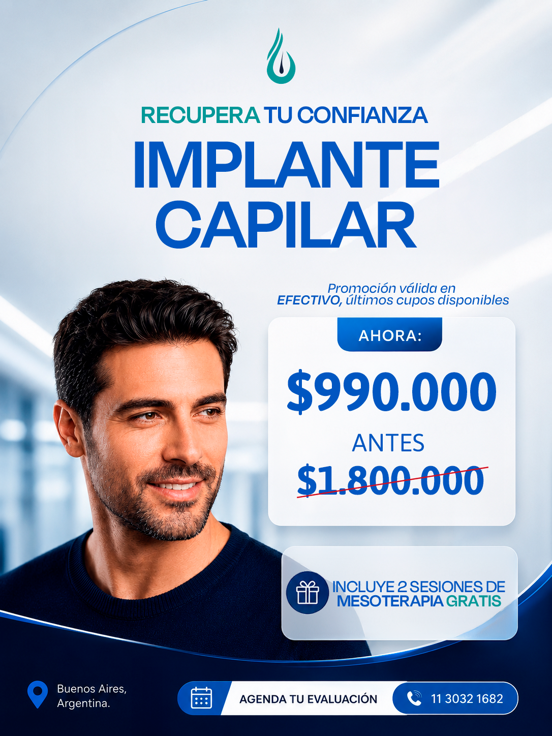 Dermis Capilar Facebook ad: Implante + 2 Mesoterapias Gratis