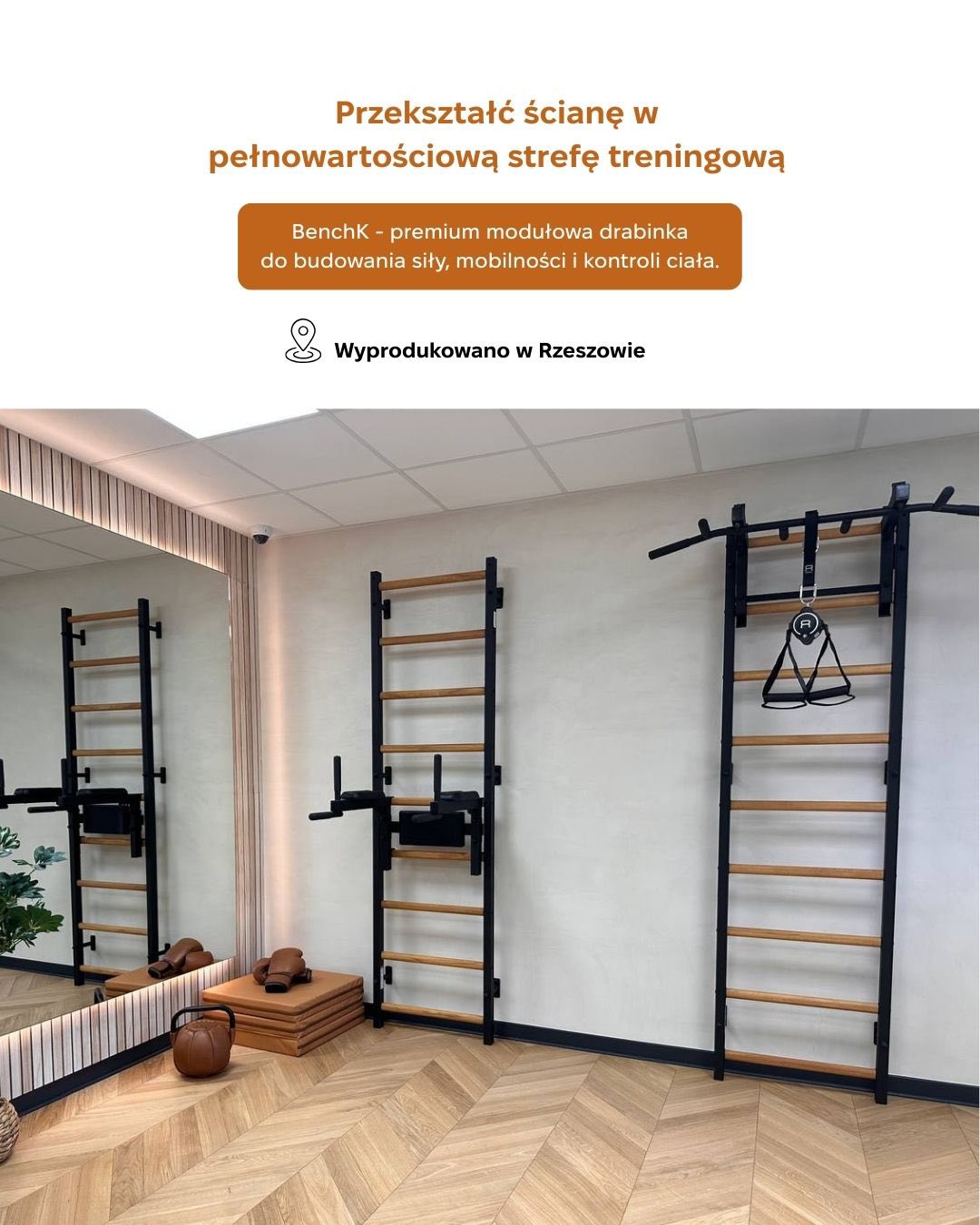 Drabinki gimnastyczne BenchK Facebook ad: Przekształć ścianę w pełnowartościową strefę treningową.