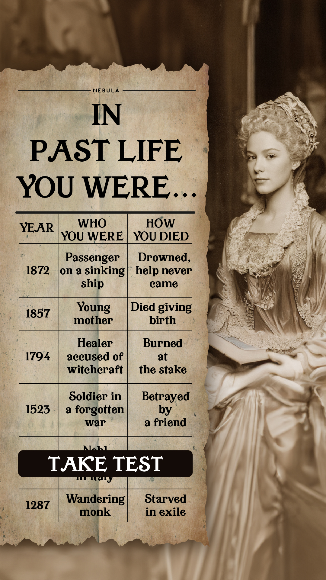 Nebula: Past Life Power Reading Facebook ad: Start quiz to know