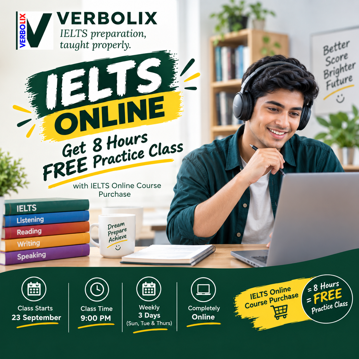 Verbolix = Mostakim IELTS Facebook ad: IELTS Course-এর সাথে ৮ ঘণ্টার Practice Class, একদম FREE!