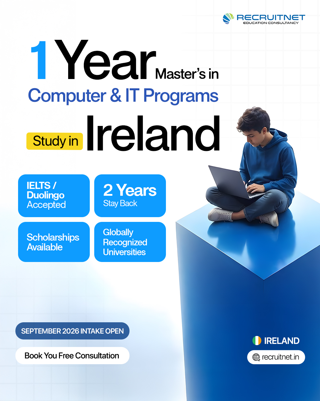 Recruitnet Education Consultancy Pvt Ltd. Facebook ad: Study 1-Year Master’s in Ireland