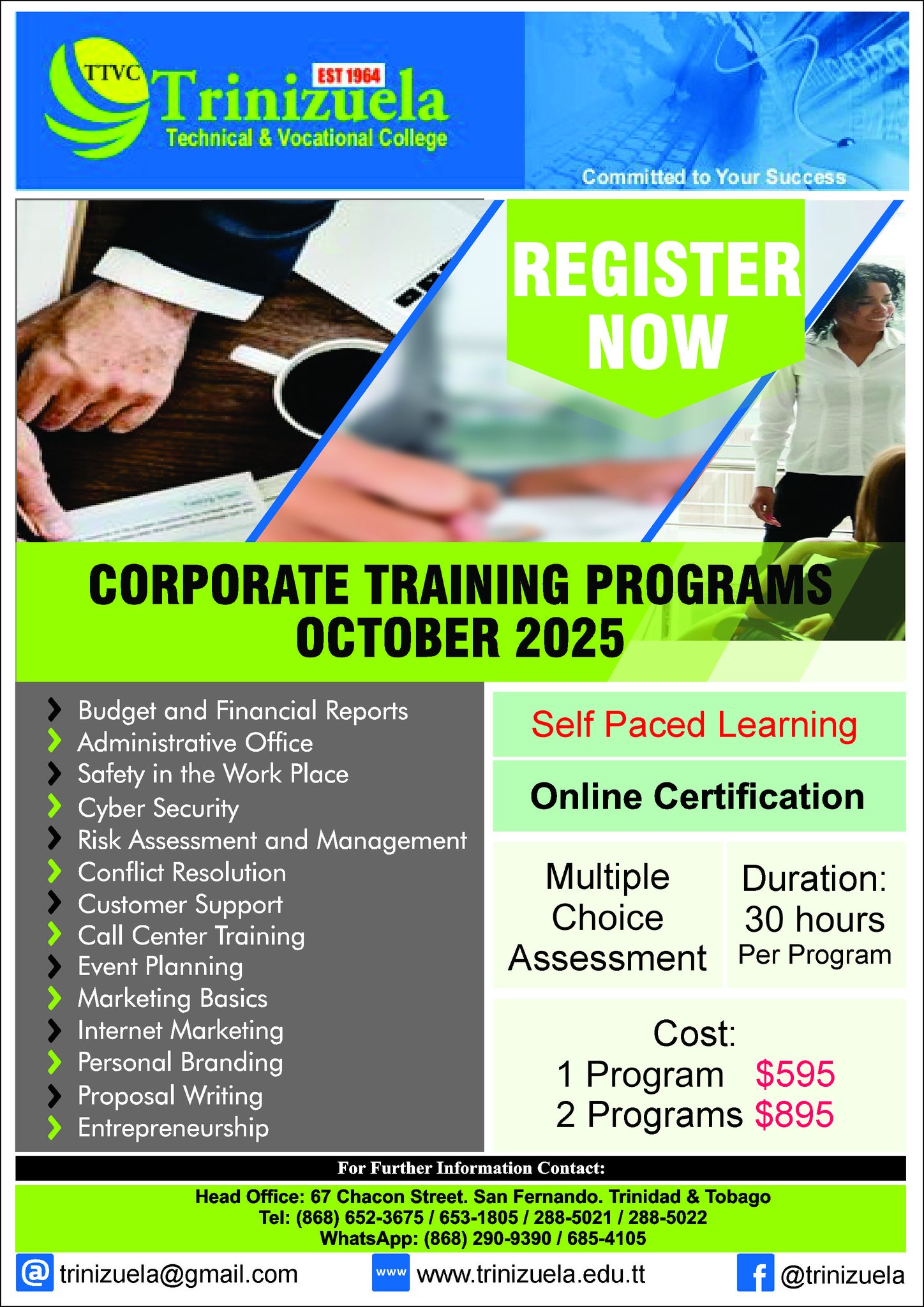Trinizuela Technical & Vocational College Facebook ad: Now introducing our new online Corporate Training Packages.