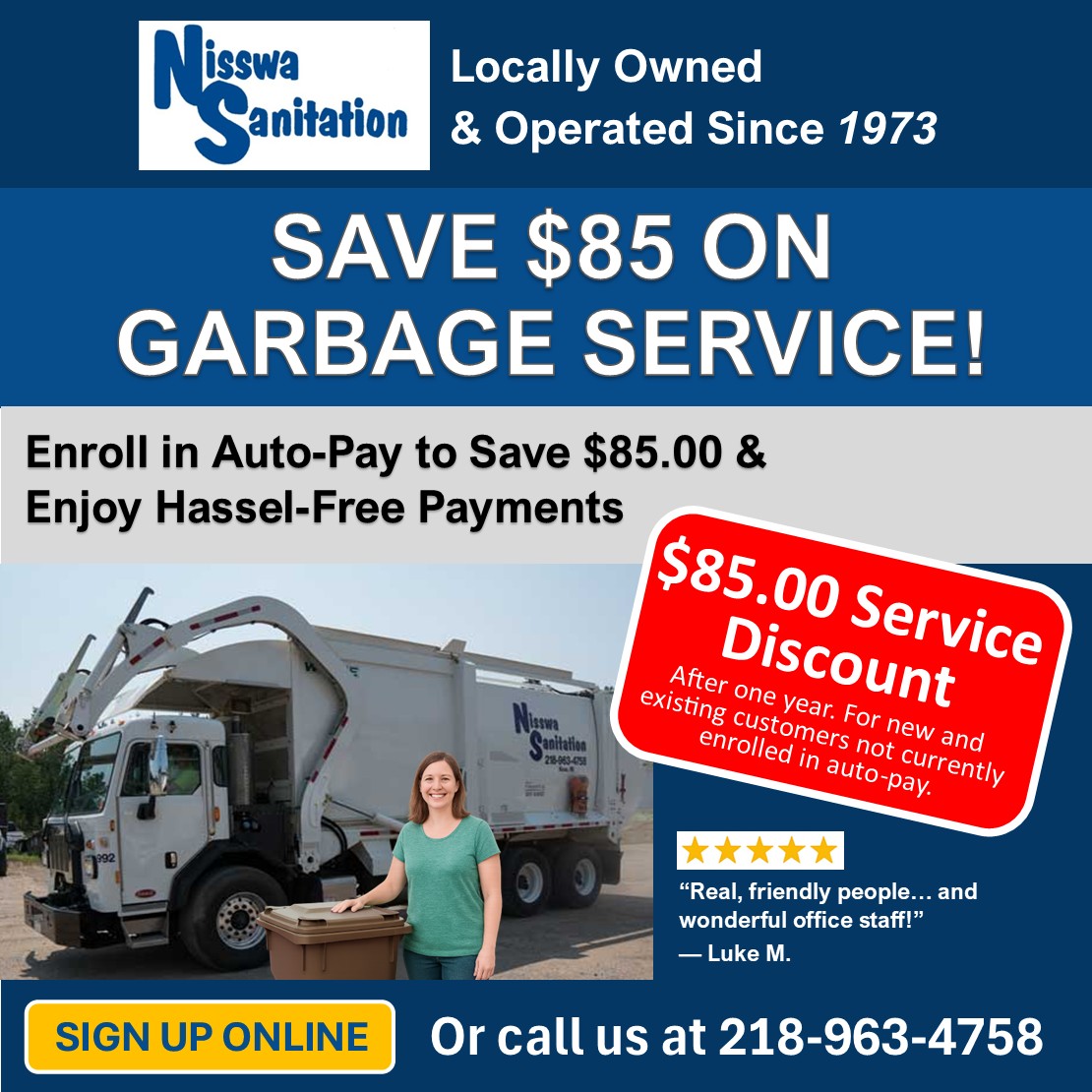Nisswa Sanitation Facebook ad: Sign up today and save!