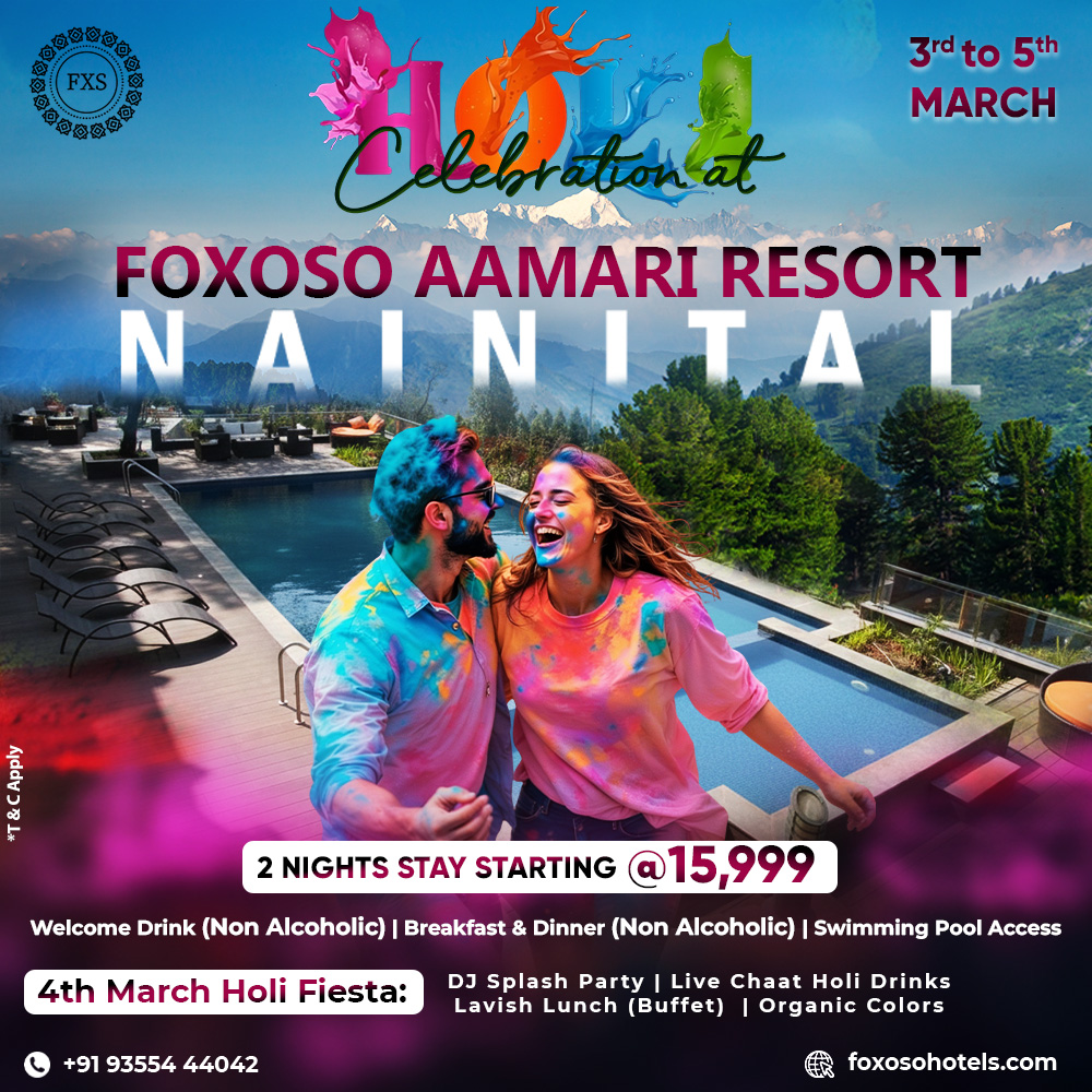 Foxoso Hotels And Resorts Facebook ad: This Holi, celebrate amidst the mountains at Foxoso…