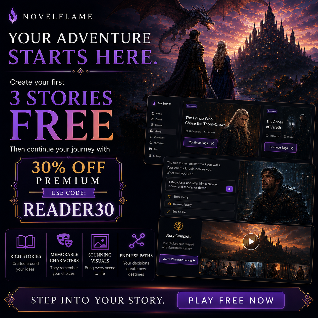 NovelFlame Facebook ad: Your Story. Your Characters. Your Choices.