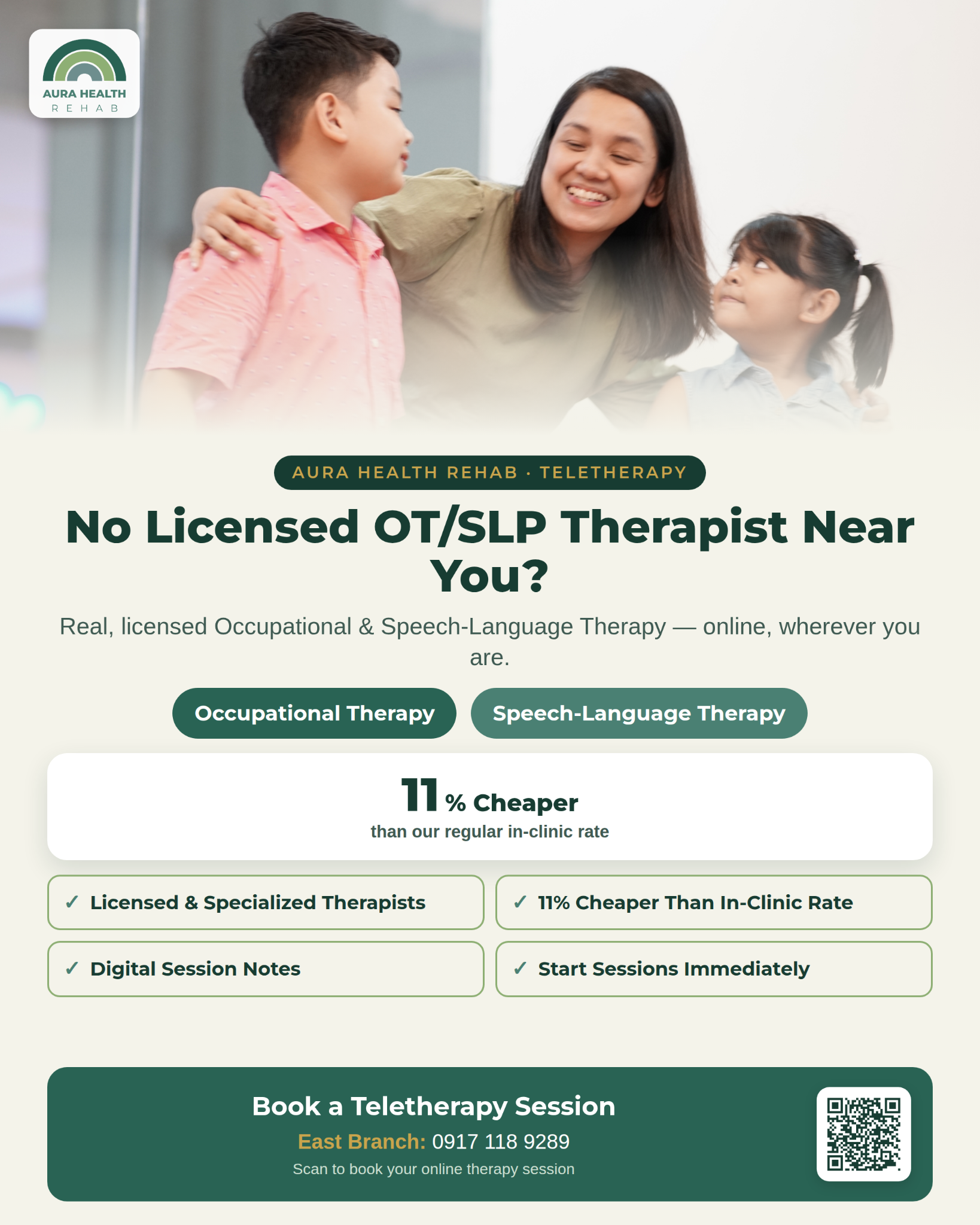 Aura Health Rehab - East Facebook ad: No Licensed OT/SLP Near You? Try Teletherapy