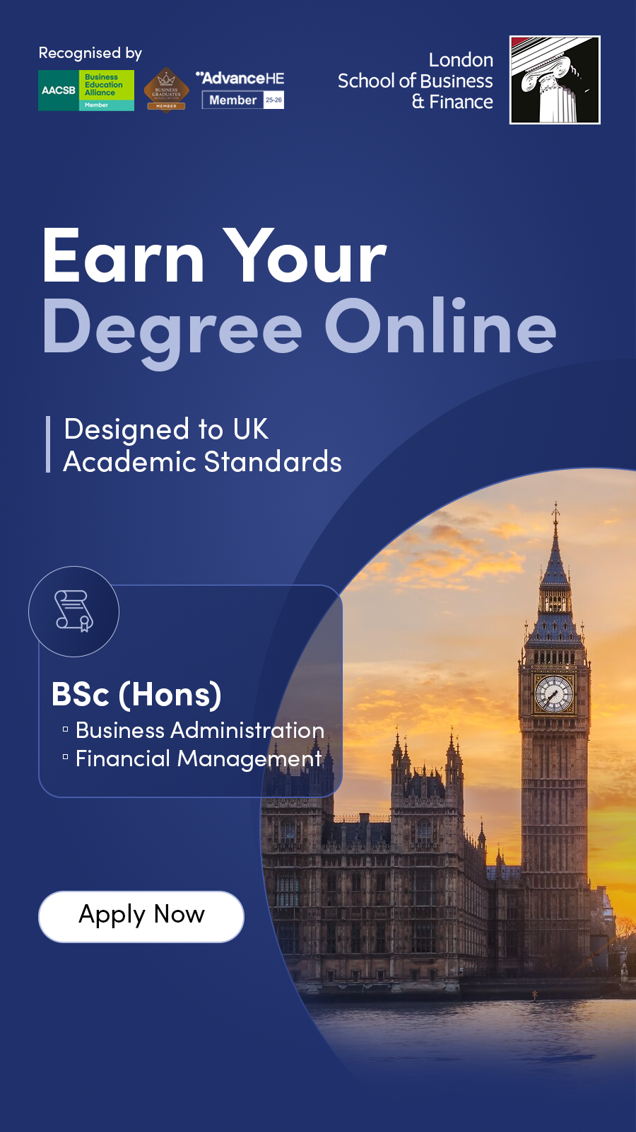 London School of Business and Finance (LSBF) Facebook ad: Recognised Degree. 100% Online.